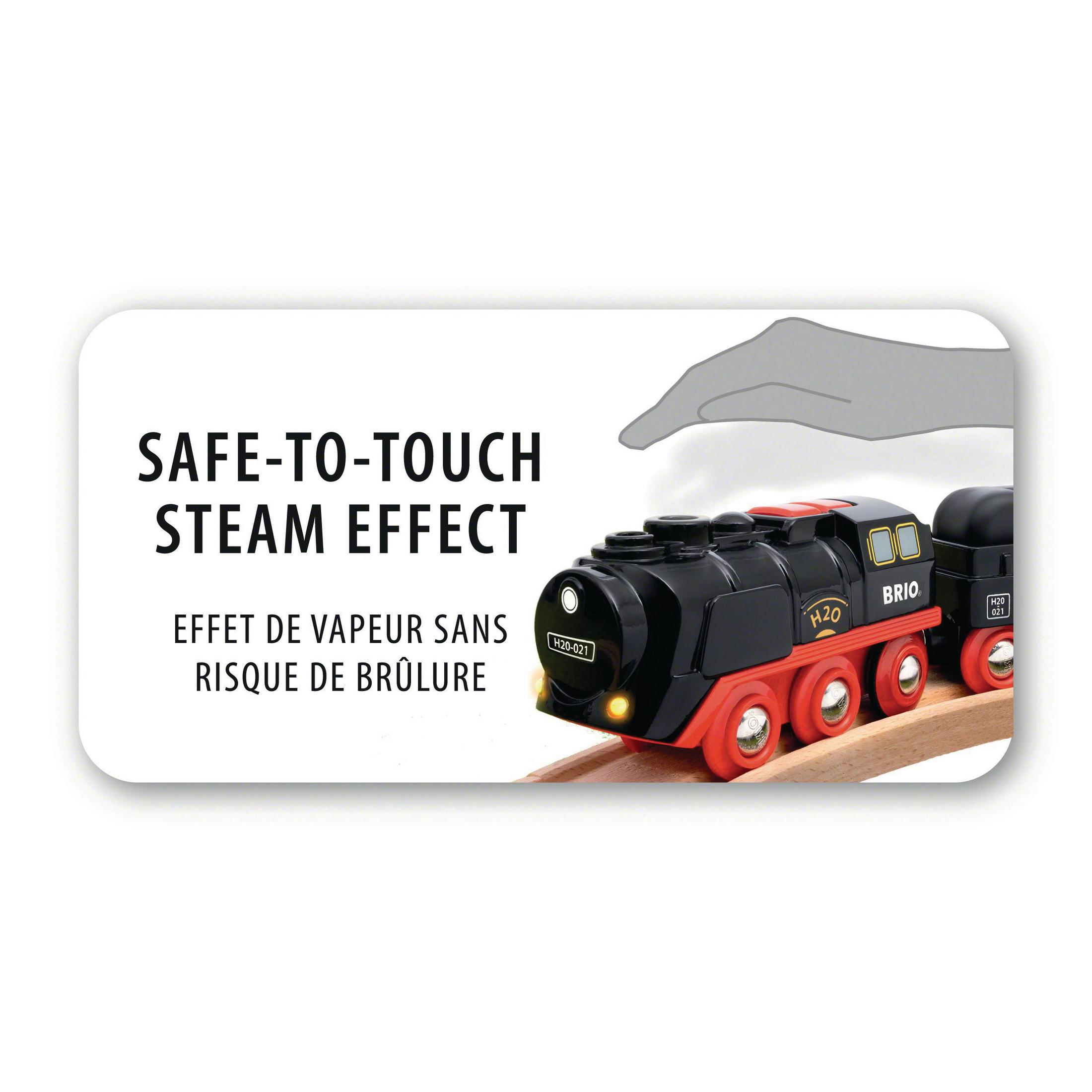 Weißes Rechteck mit einem Spielzeugzug und Text: SAFE-TO-TOUCH STEAM EFFECT.