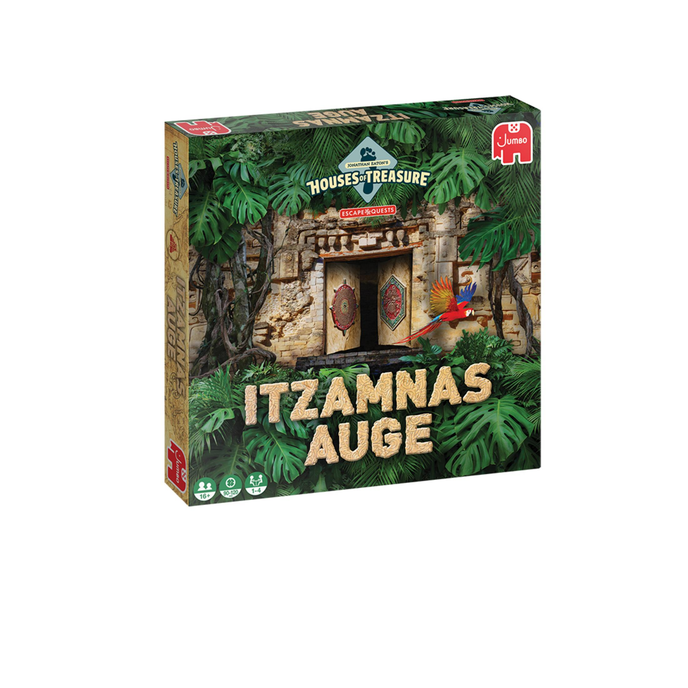 Itzamnas Auge Brettspielbox, Dschungelszene, Tempel-Eingang, Papagei, grüner Hintergrund.