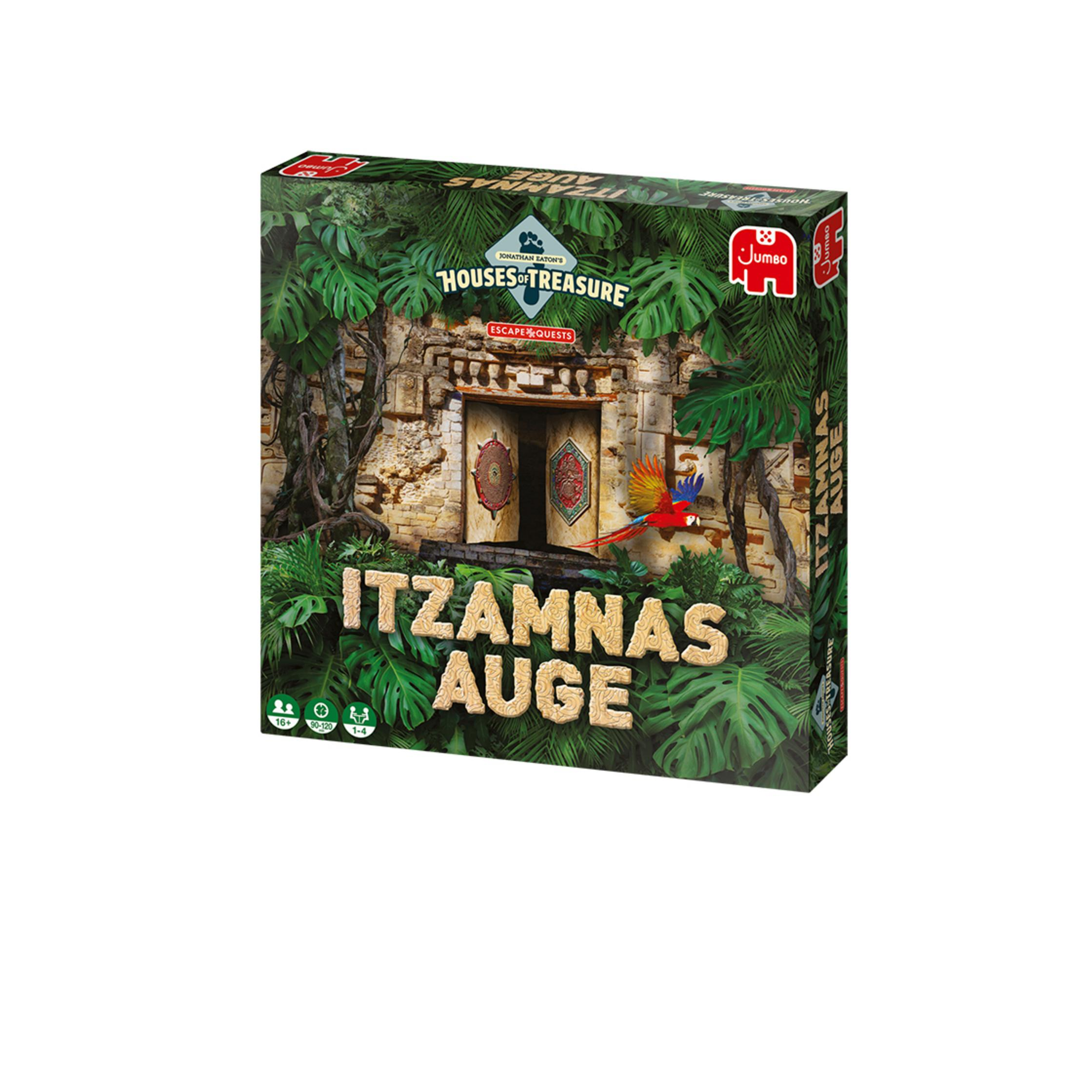 Spielbox von Itzamnas Auge, einem Brettspiel. Die Box hat Dschungel-Szenerie und Spieltitel.