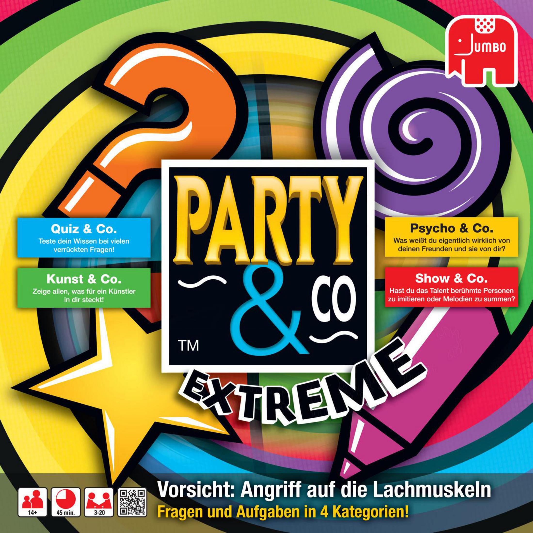 Party & Co. Extreme Spielbox. Enthält Fragezeichen, Sterne und andere Spielelemente.