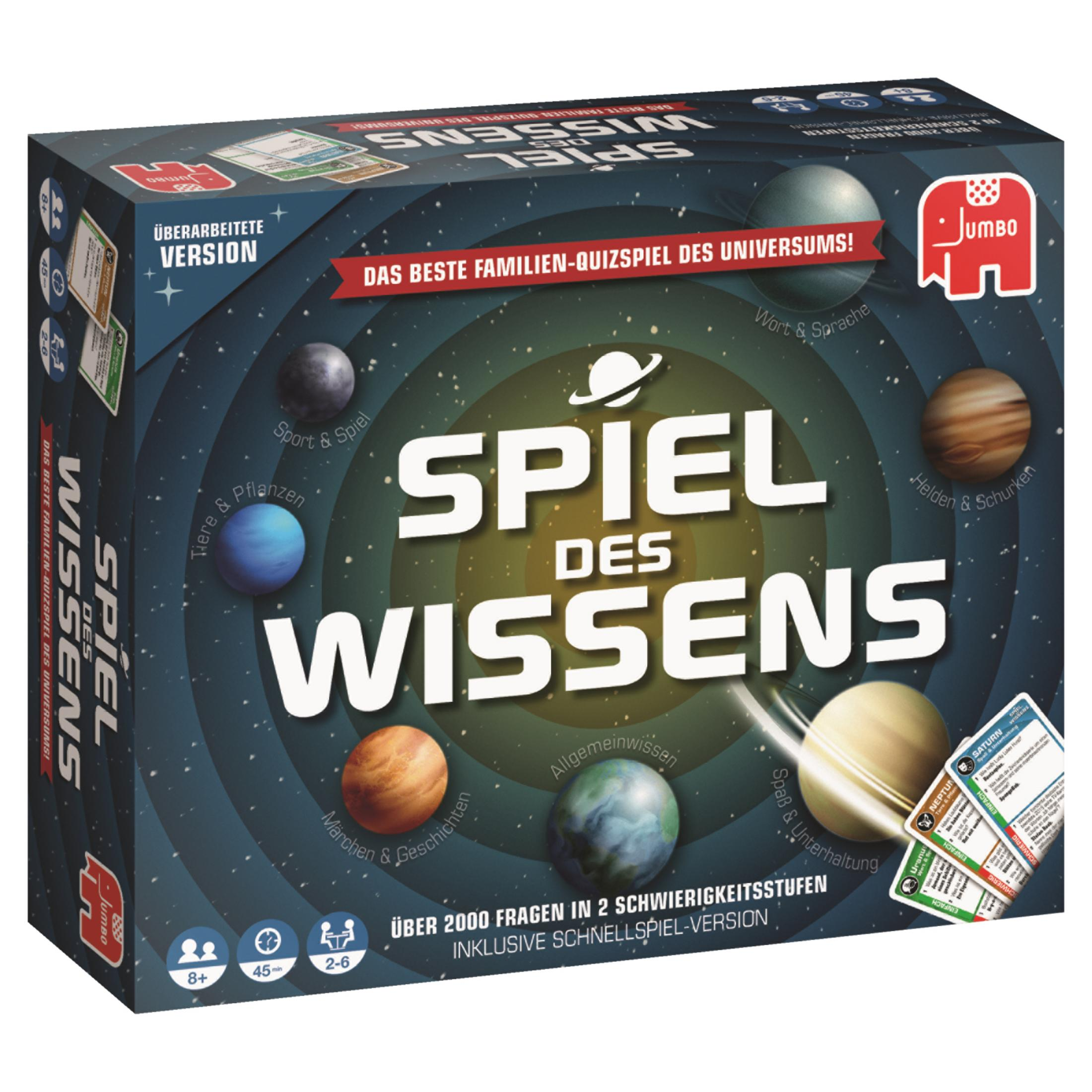 Eine Brettspielbox mit dem Titel 'Spiel des Wissens', mit Planetenillustrationen und verschiedenen Spielelementen.
