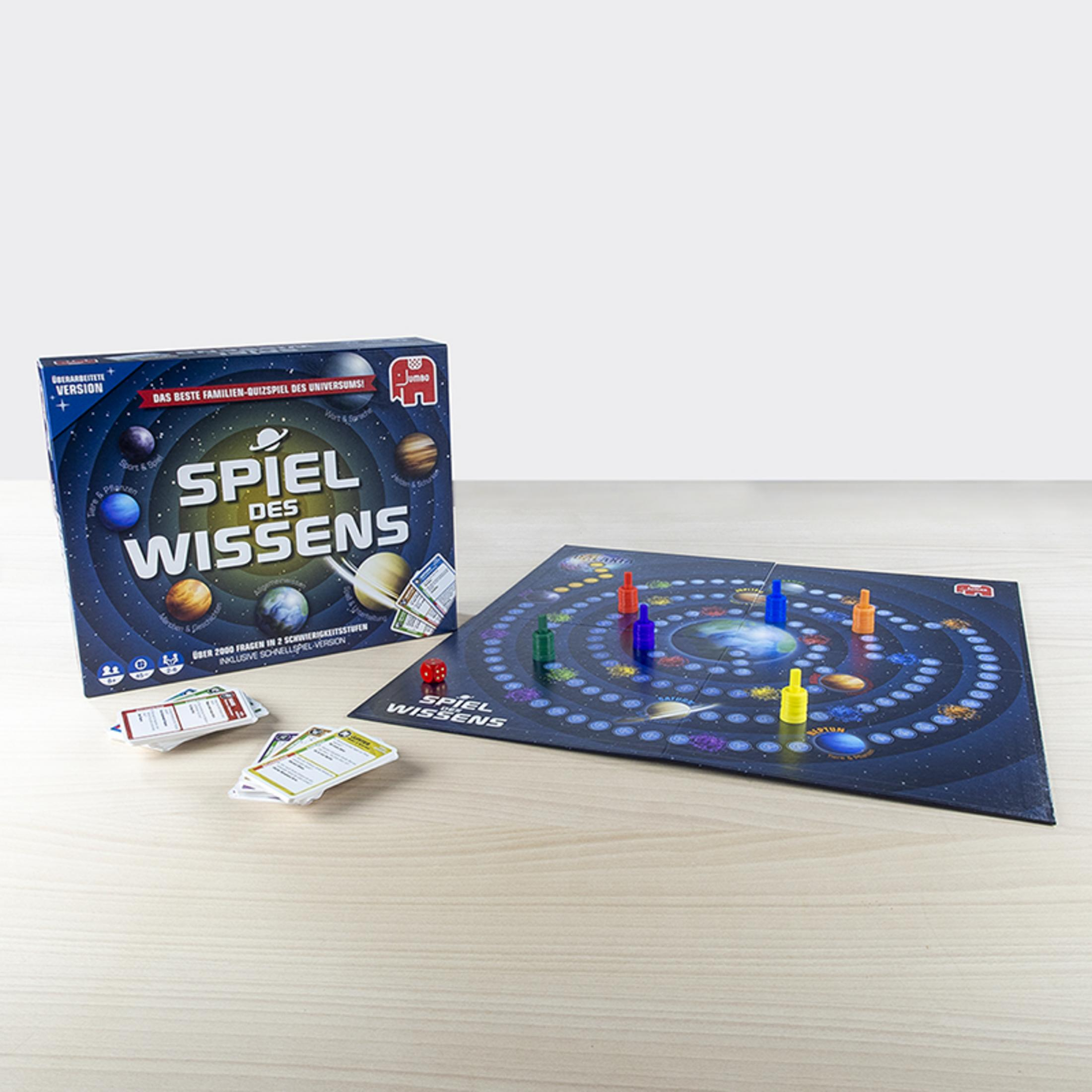 Ein Brettspiel mit Karten, Würfeln und Spielfiguren. Auf der Box steht 'SPIEL DES WISSENS'.