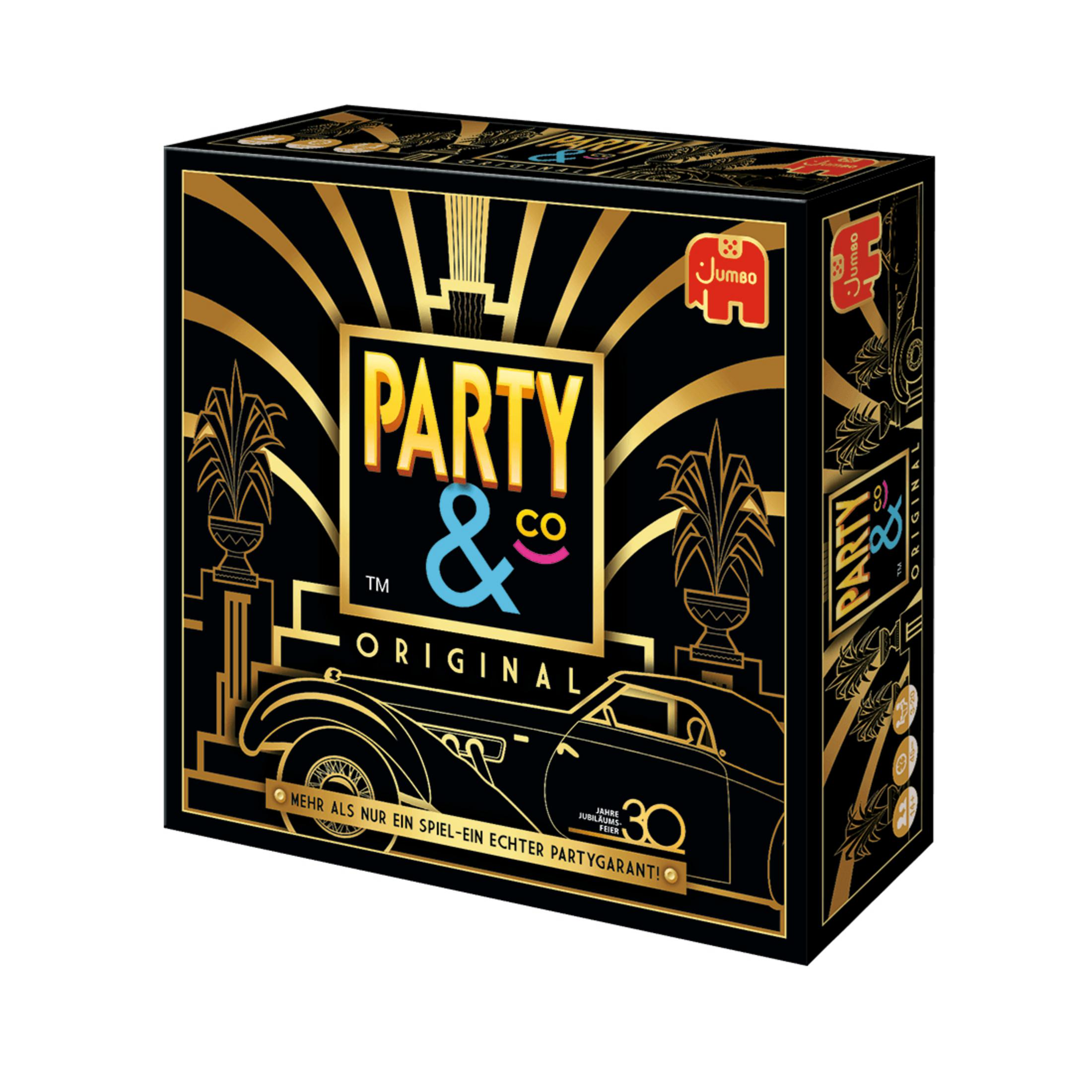 Eine Brettspielbox, schwarz mit goldenen Akzenten, Titel: PARTY & CO ORIGINAL.