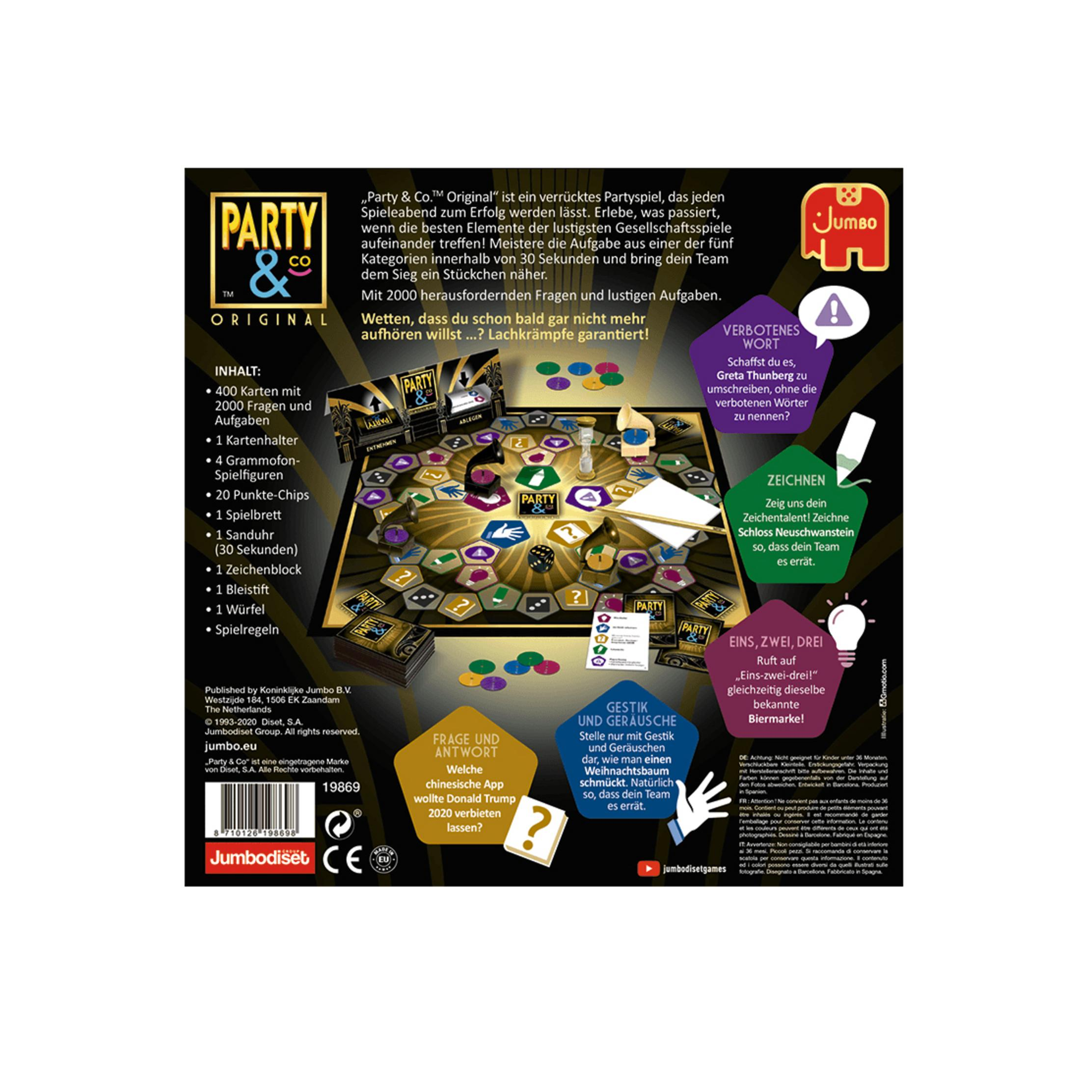 Party & Co. Original Brettspielbox. Zeigt Spielkomponenten, ein Spielbrett, Karten, Würfel und Leute, die das Spiel spielen.