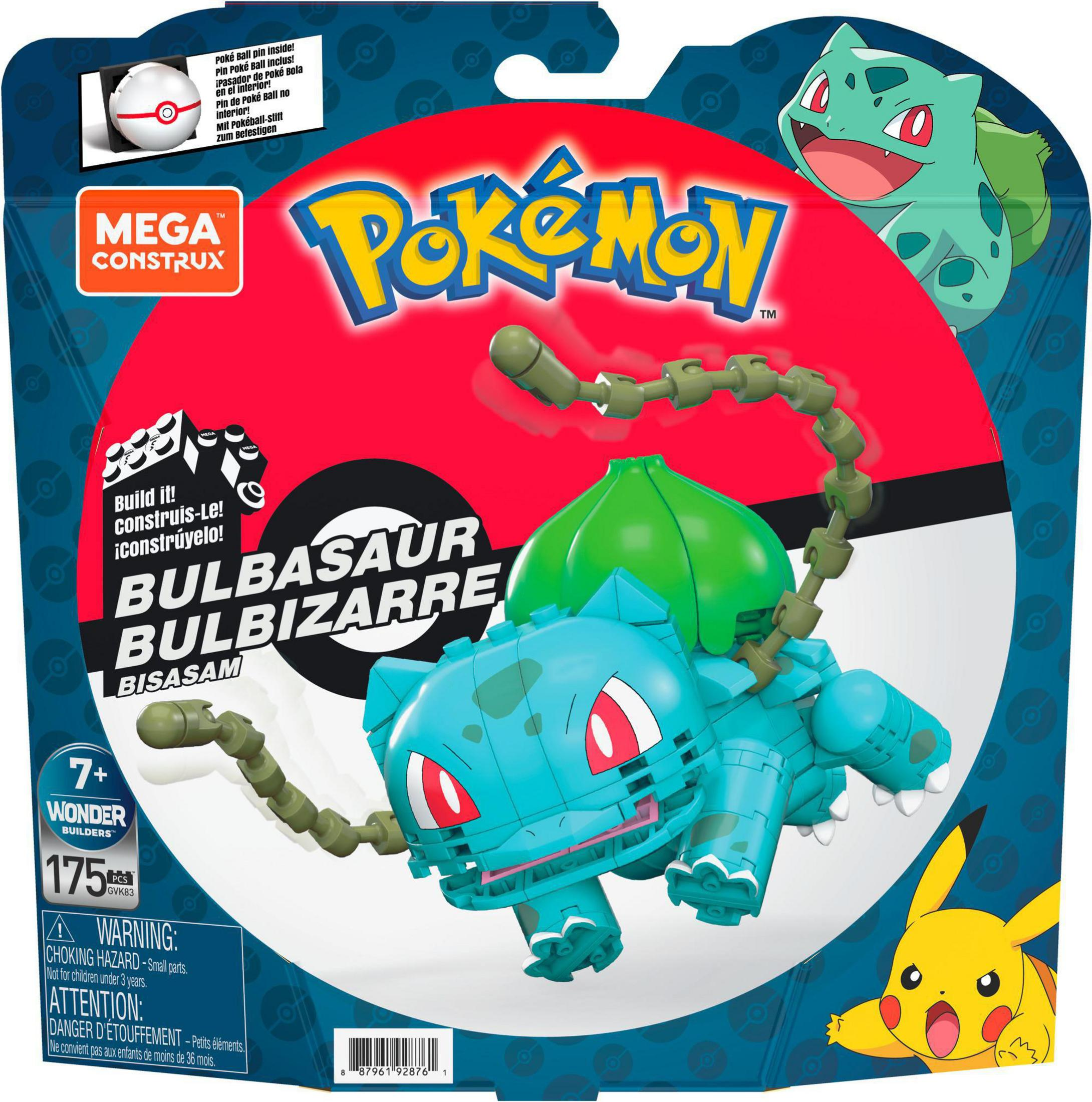 Bulbasaur Mega Construx Modell in Verpackung. Das Modell ist blau und grün, die Verpackung rot.