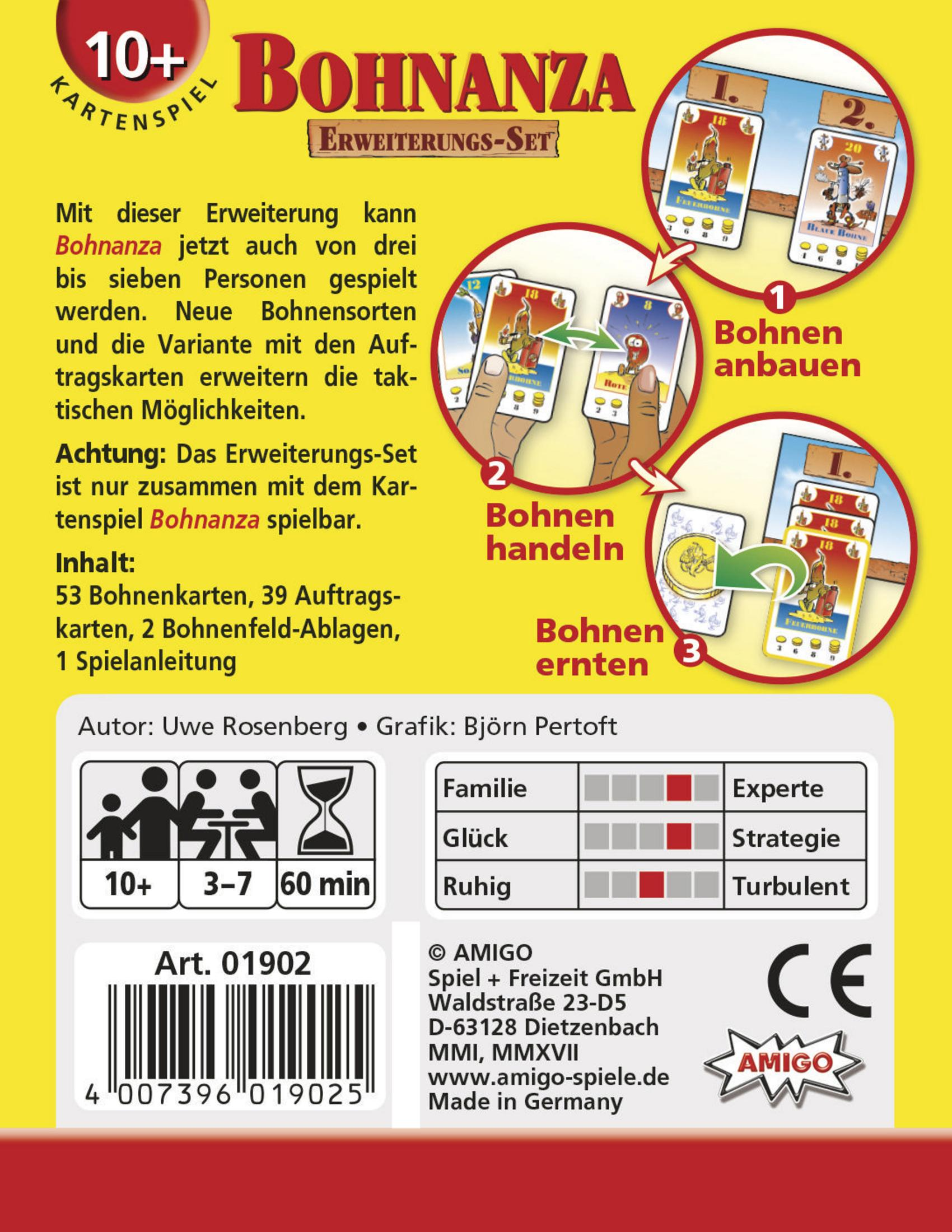 Rückseite einer Bohnanza-Kartenspielbox, die Kartenillustrationen und Anweisungen zeigt.