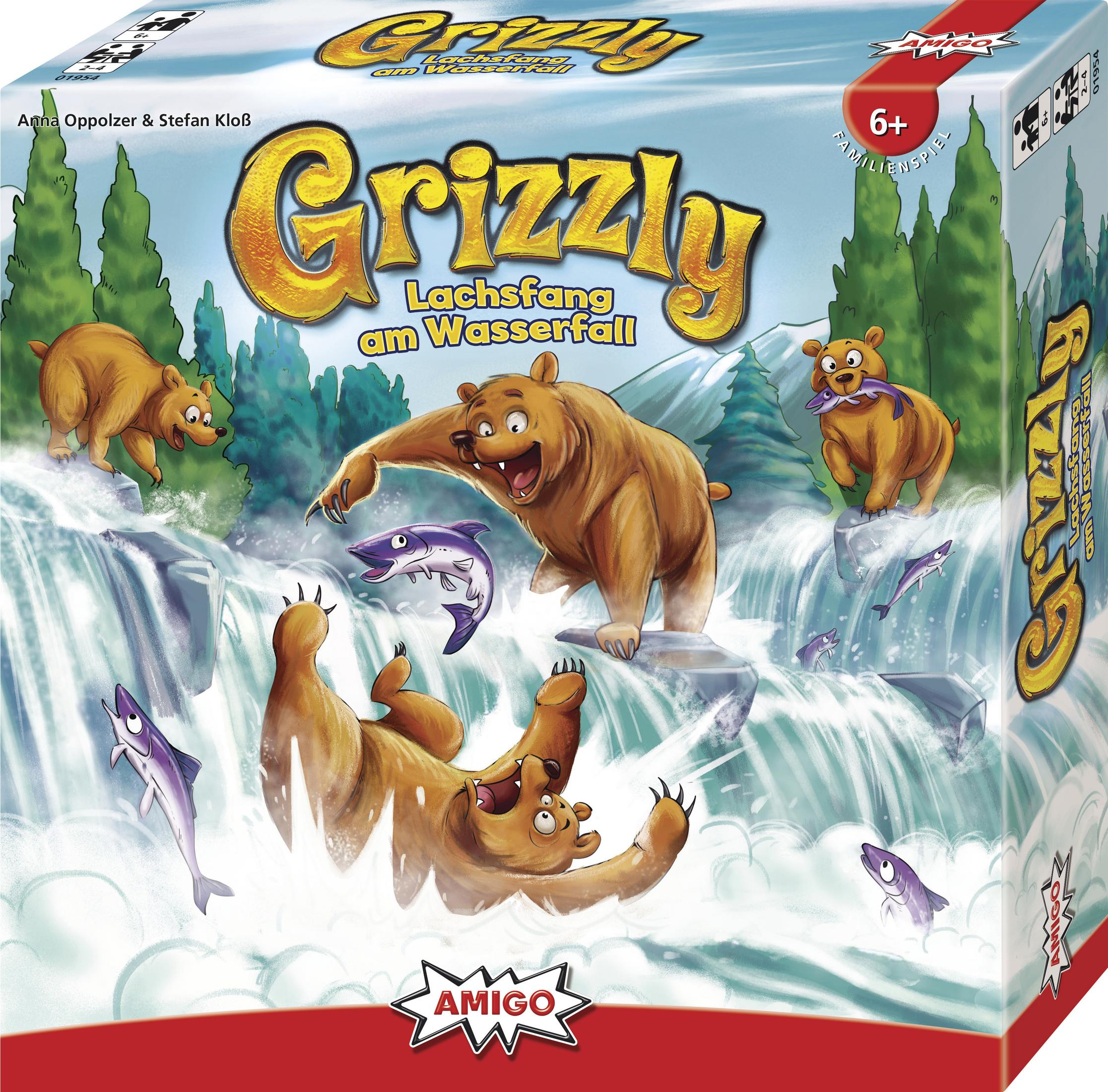 Grizzly-Brettspielbox mit Bären und Fischen an einem Wasserfall. Die Box hat Bäume und einen roten Rand.