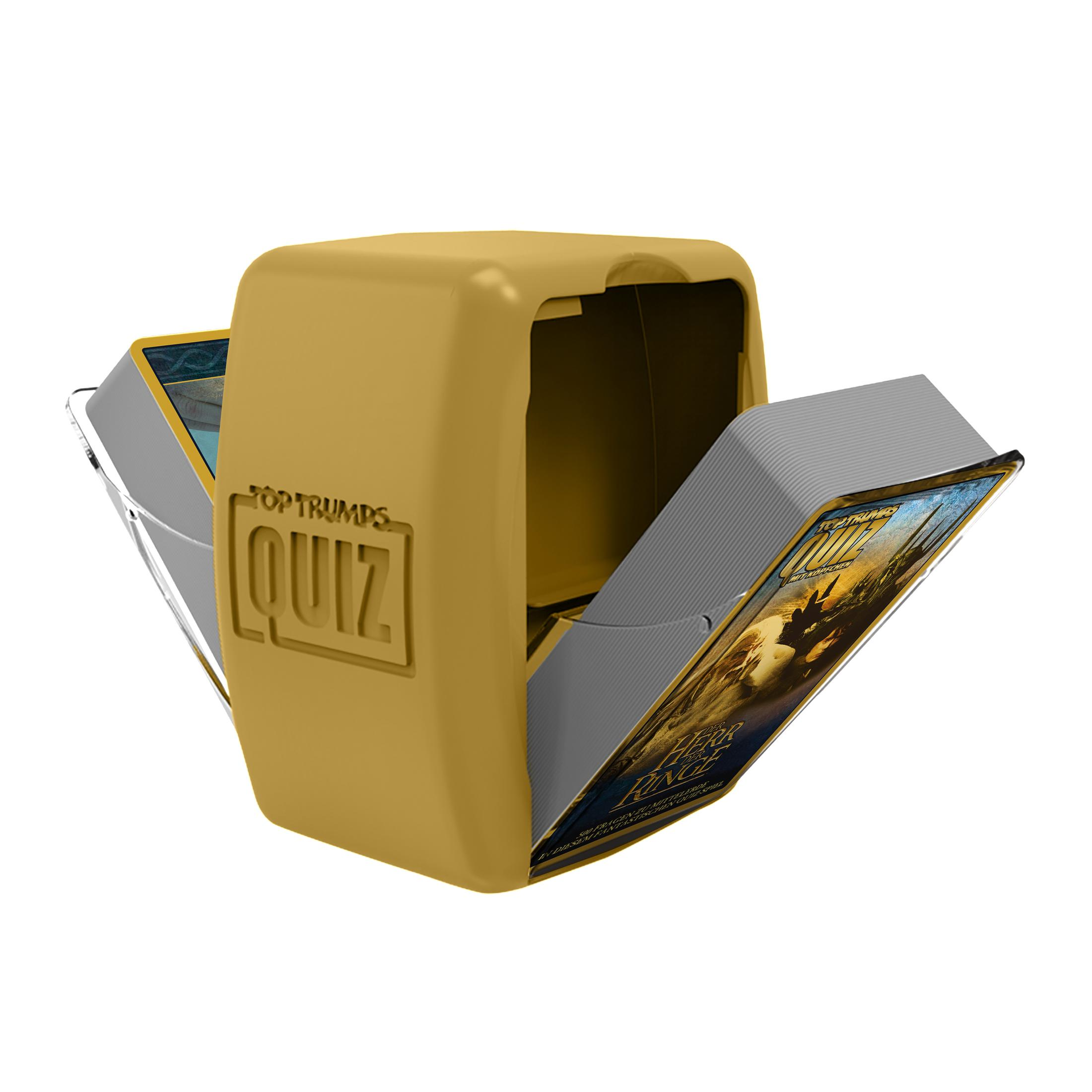 Top Trumps Quiz-Spielbox, geöffnet. Karten sichtbar in einem gold-grauen Gehäuse. Weißer Hintergrund.