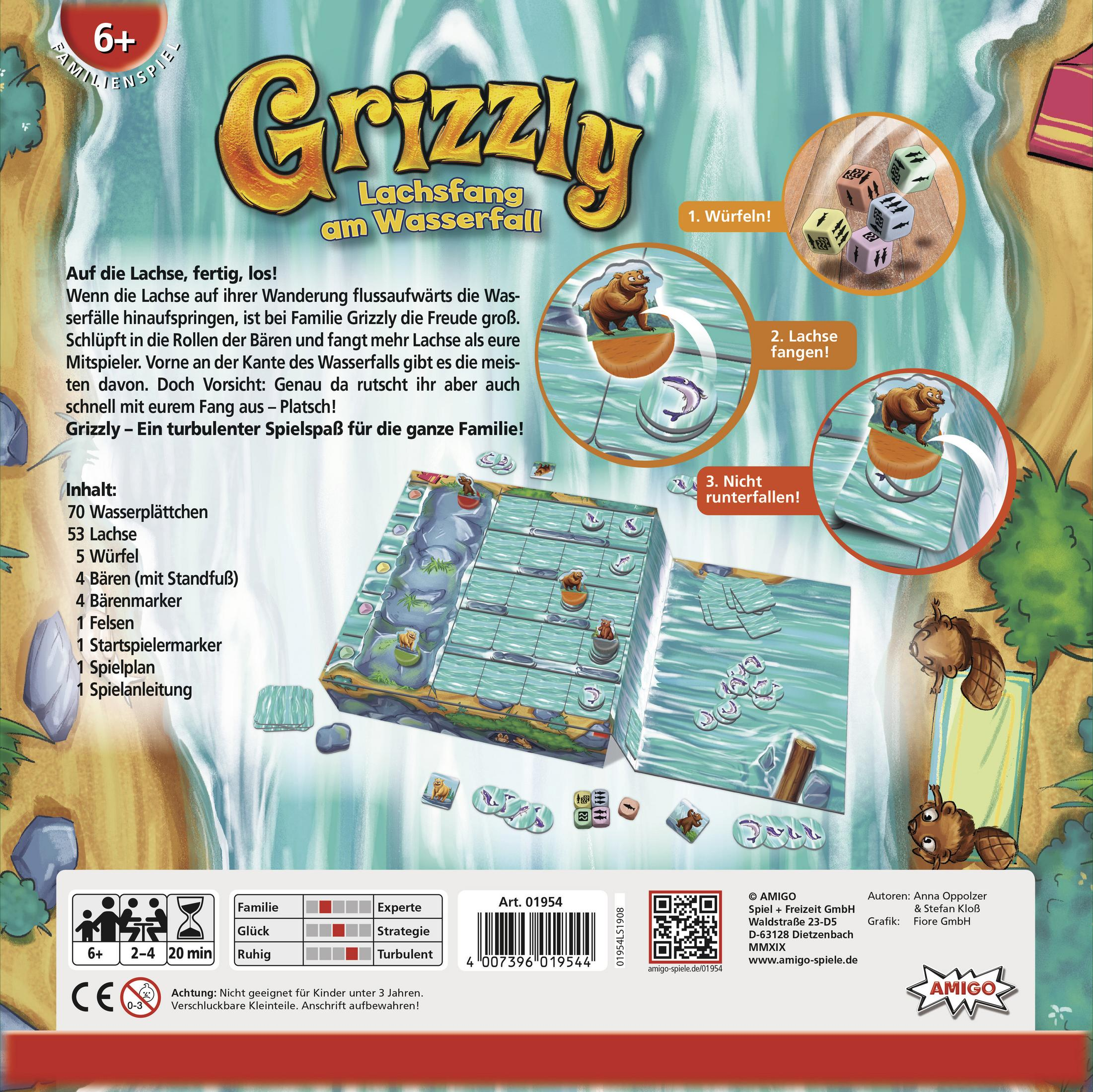 Brettspiel Grizzly, mit Wasserfall-Thema und Spielelementen. Würfel und Bärenfiguren.