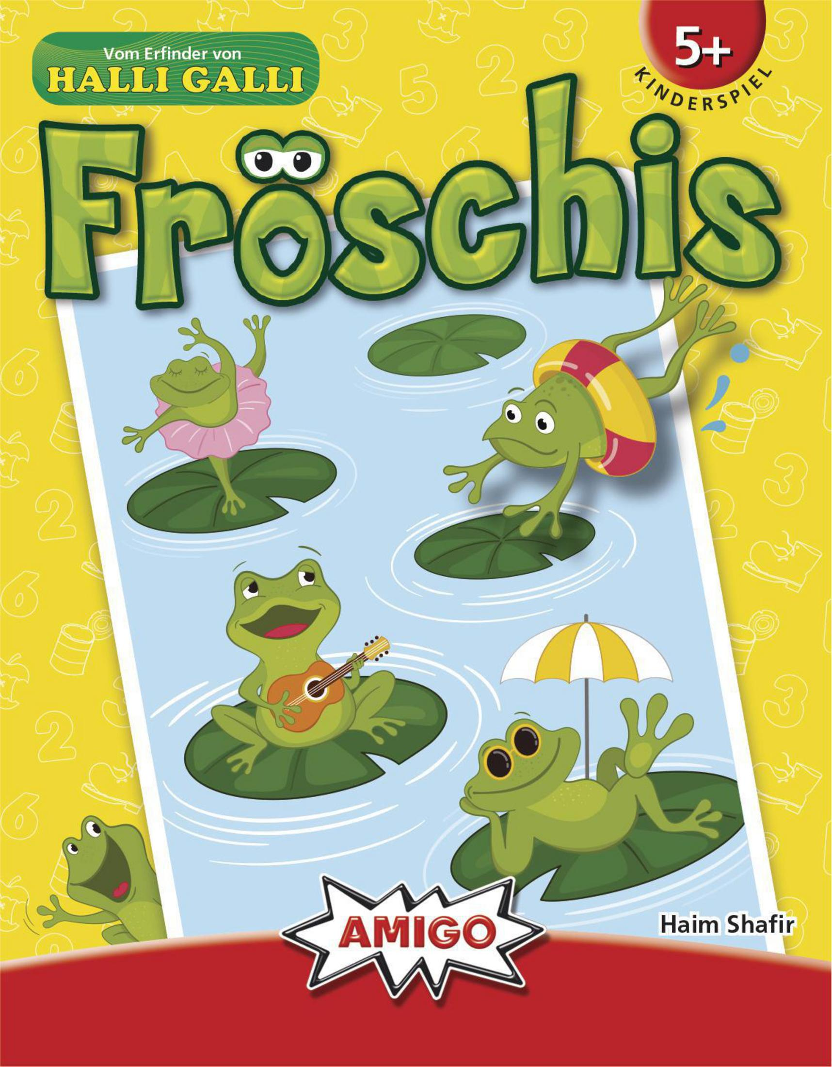 Boîte de jeu Fröschis avec des grenouilles de dessin animé sur des nénuphars et le logo Amigo.