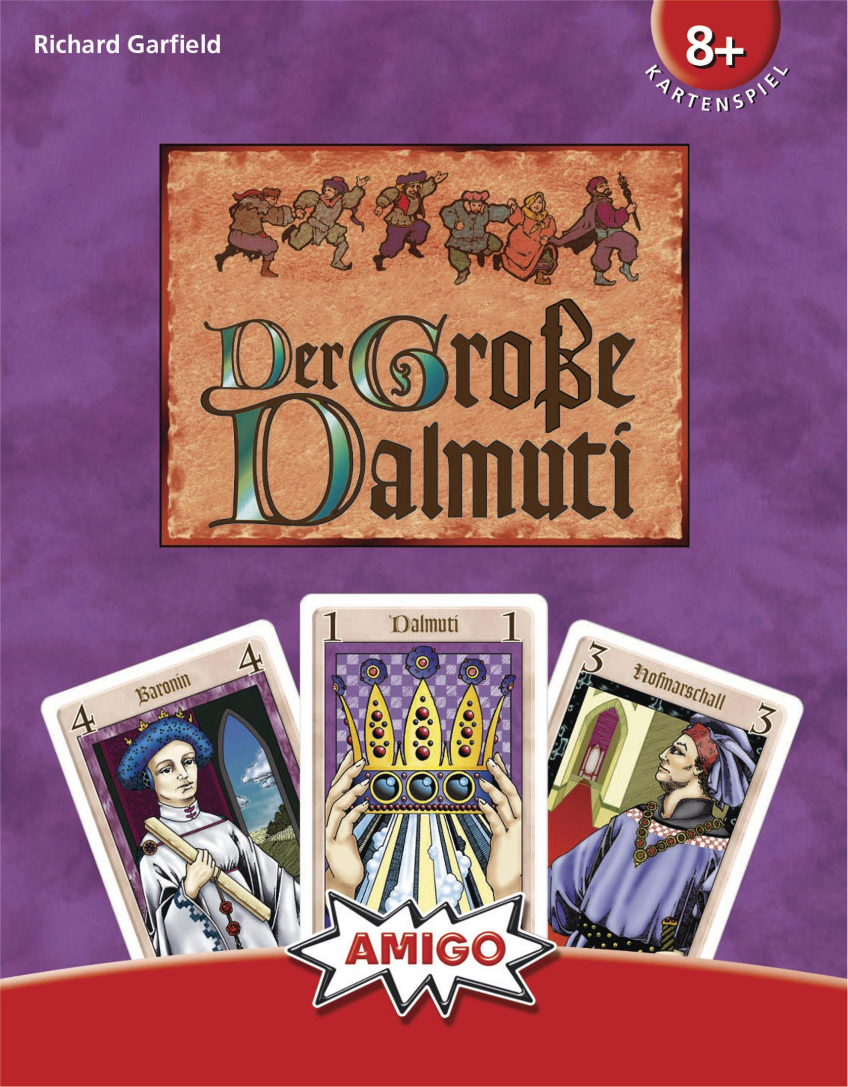 Der Große Dalmuti Kartenspielbox mit Kartenbeispielen und dem Amigo-Logo.