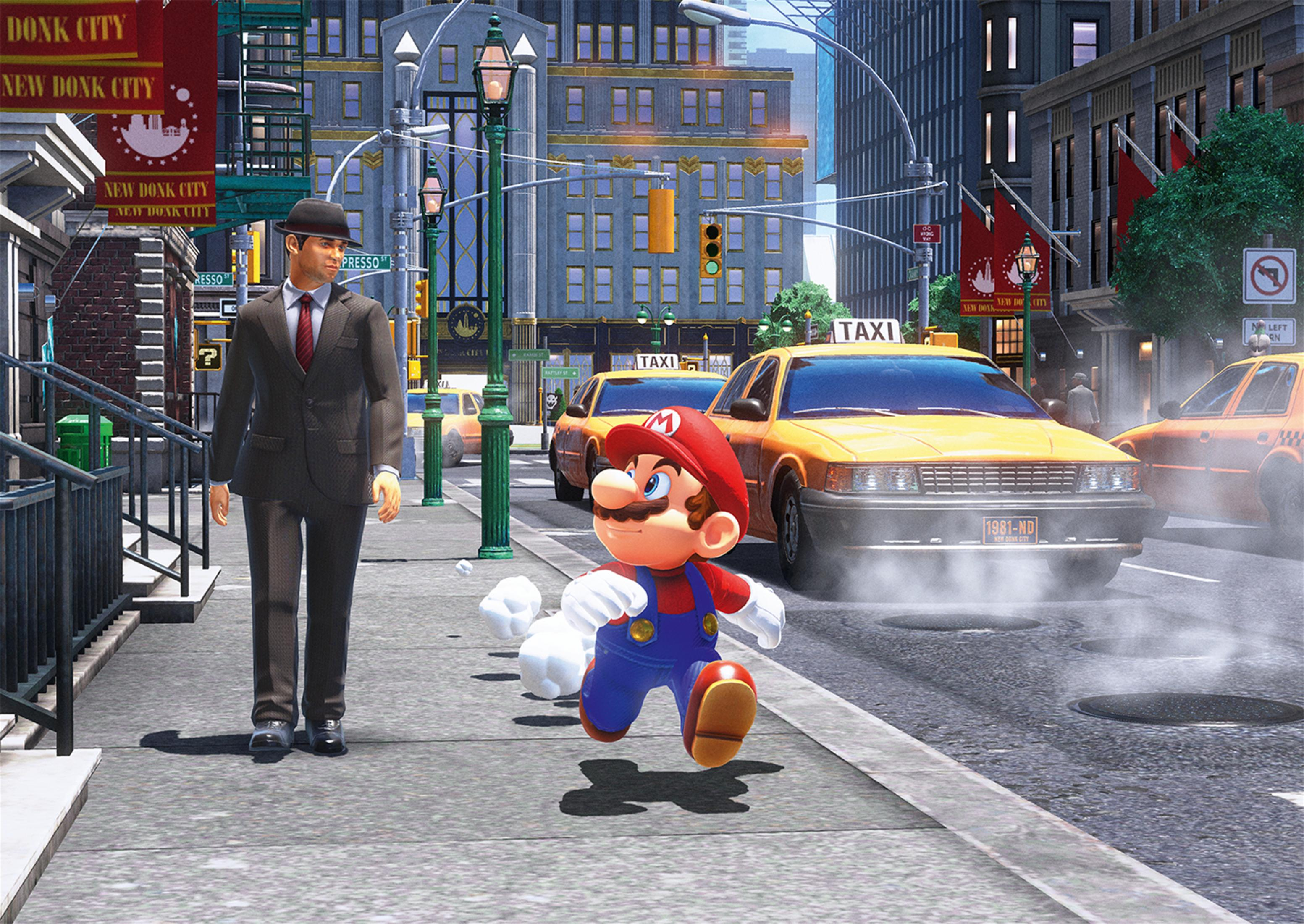 Mario rennt auf einer Straße in der Stadt, Mann im Anzug. Gelbe Taxis und Stadtgebäude.