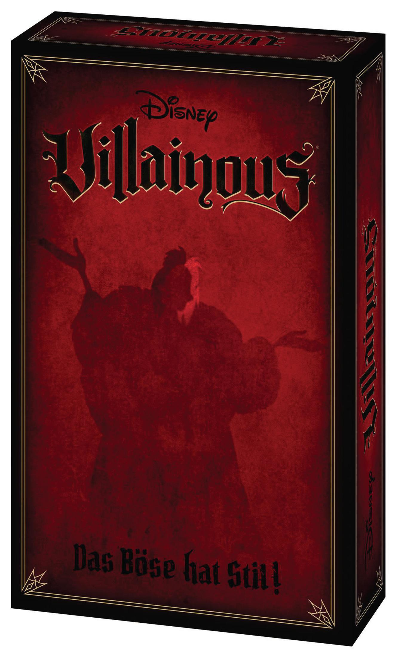 Grafika pudełka gry planszowej Disney Villainous. Zawiera ciemnoczerwone tło z sylwetką złoczyńcy.