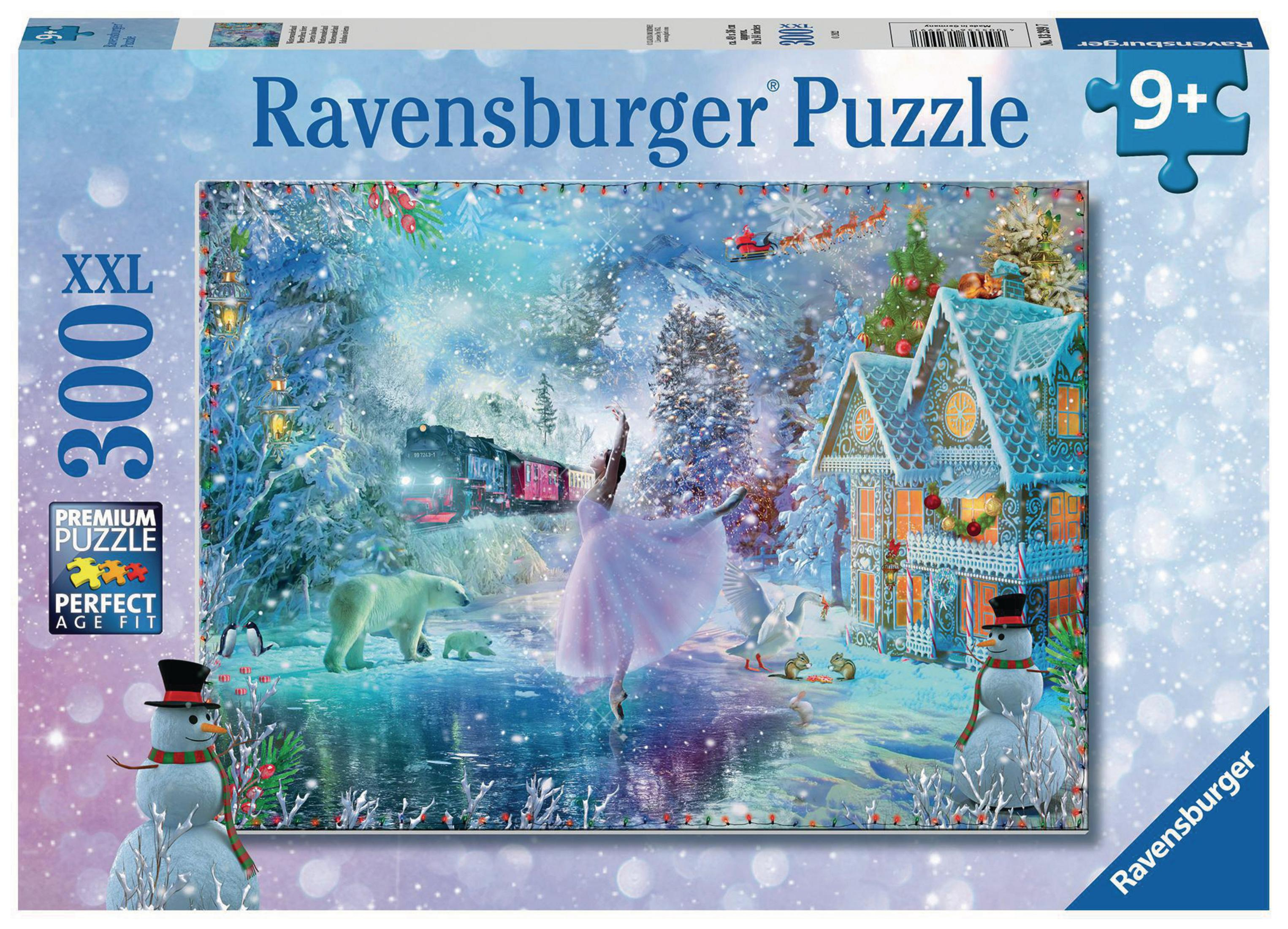 Scatola puzzle a tema invernale con ballerina, treno e case innevate.