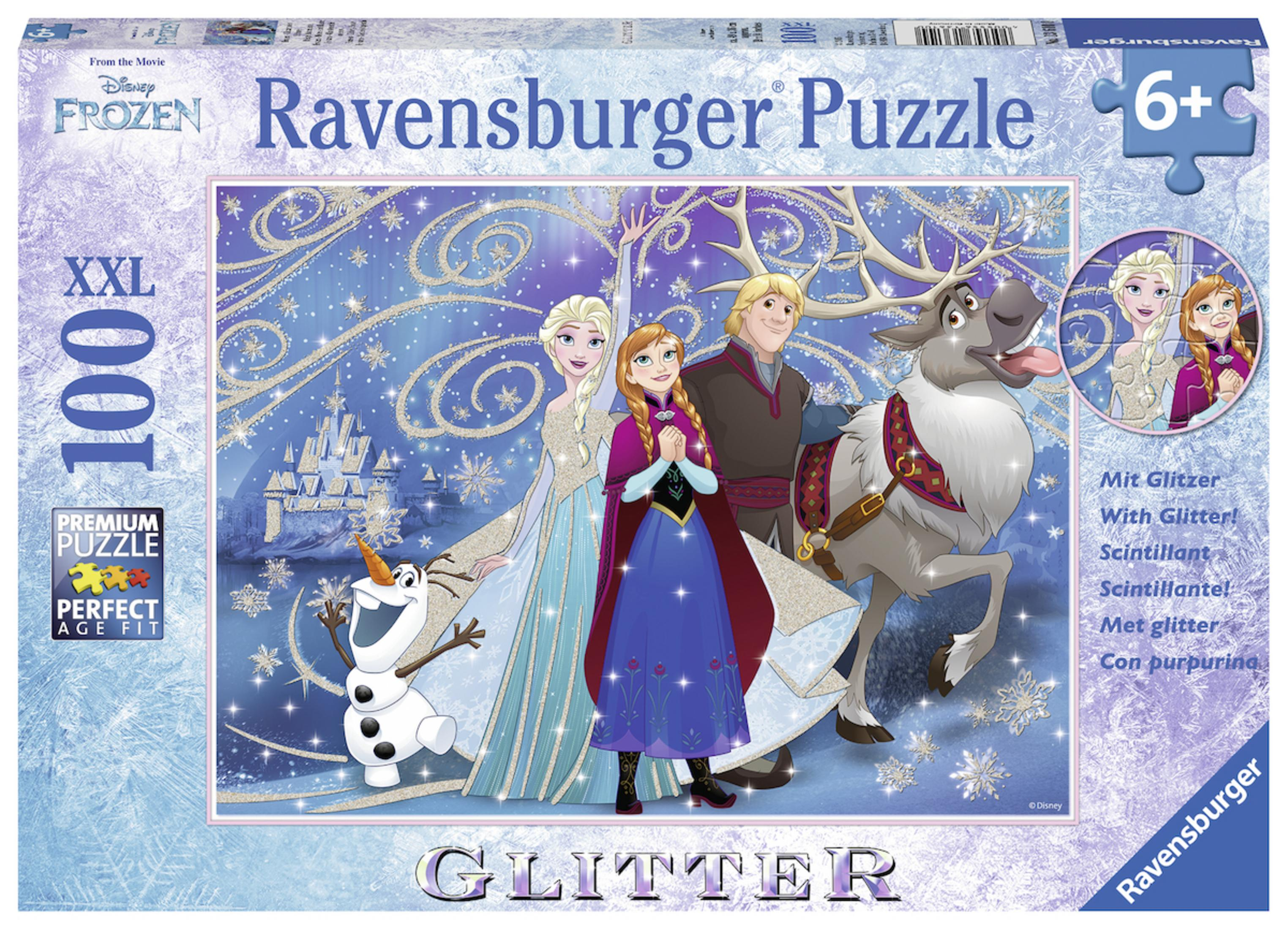 Caja de rompecabezas de Frozen con Elsa, Anna, Olaf, Kristoff y Sven en la portada.