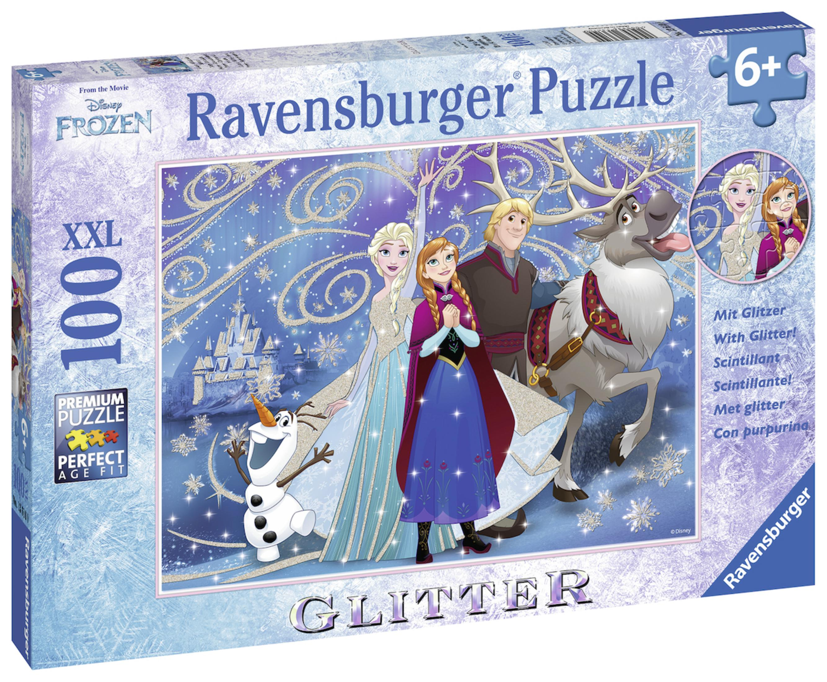 Caja de rompecabezas de Frozen con personajes: Elsa, Anna, Kristoff, Sven y Olaf. Efecto de brillo.
