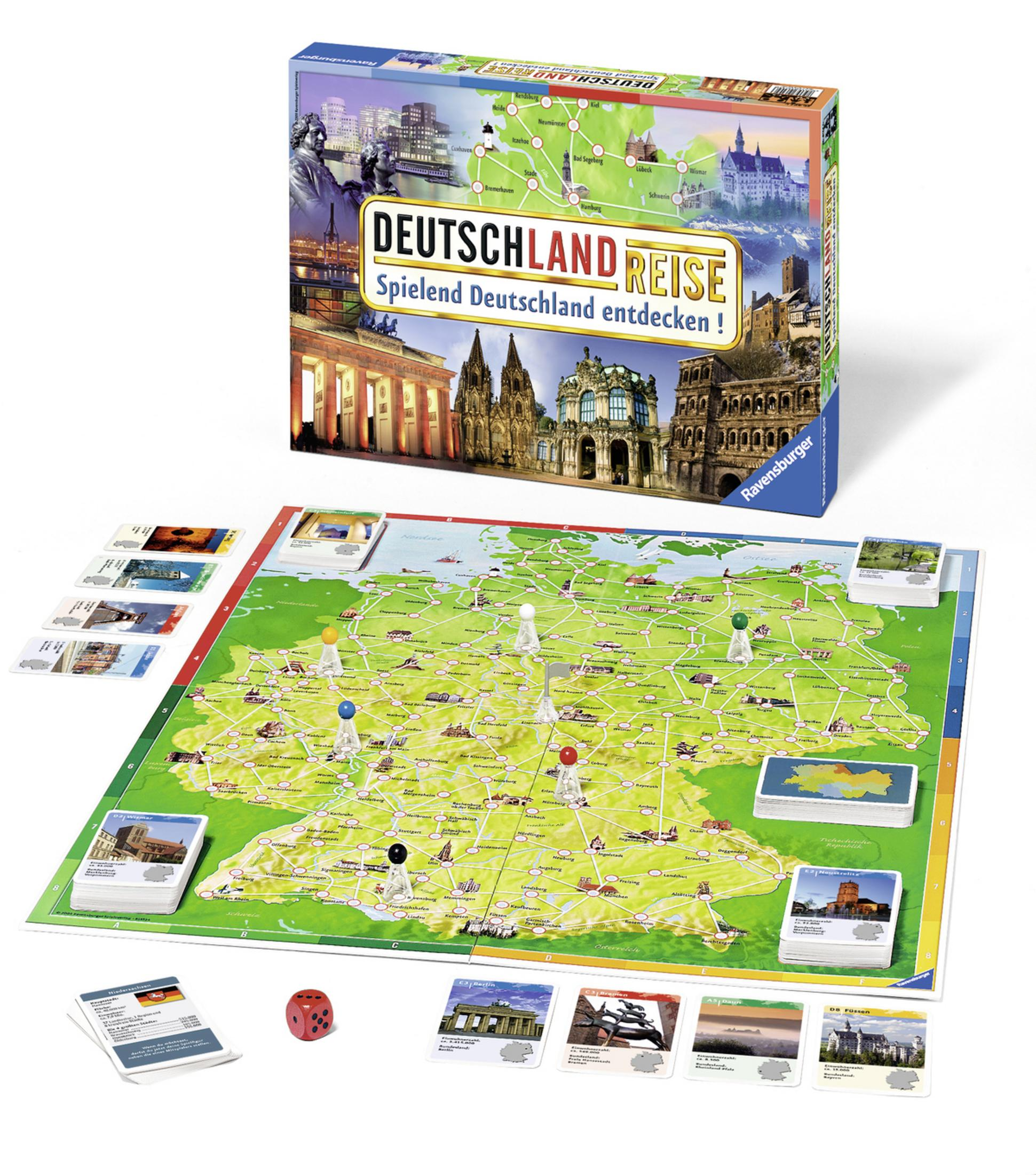 Ein Deutschland Reise Brettspiel mit einer Deutschlandkarte und Spielsteinen.