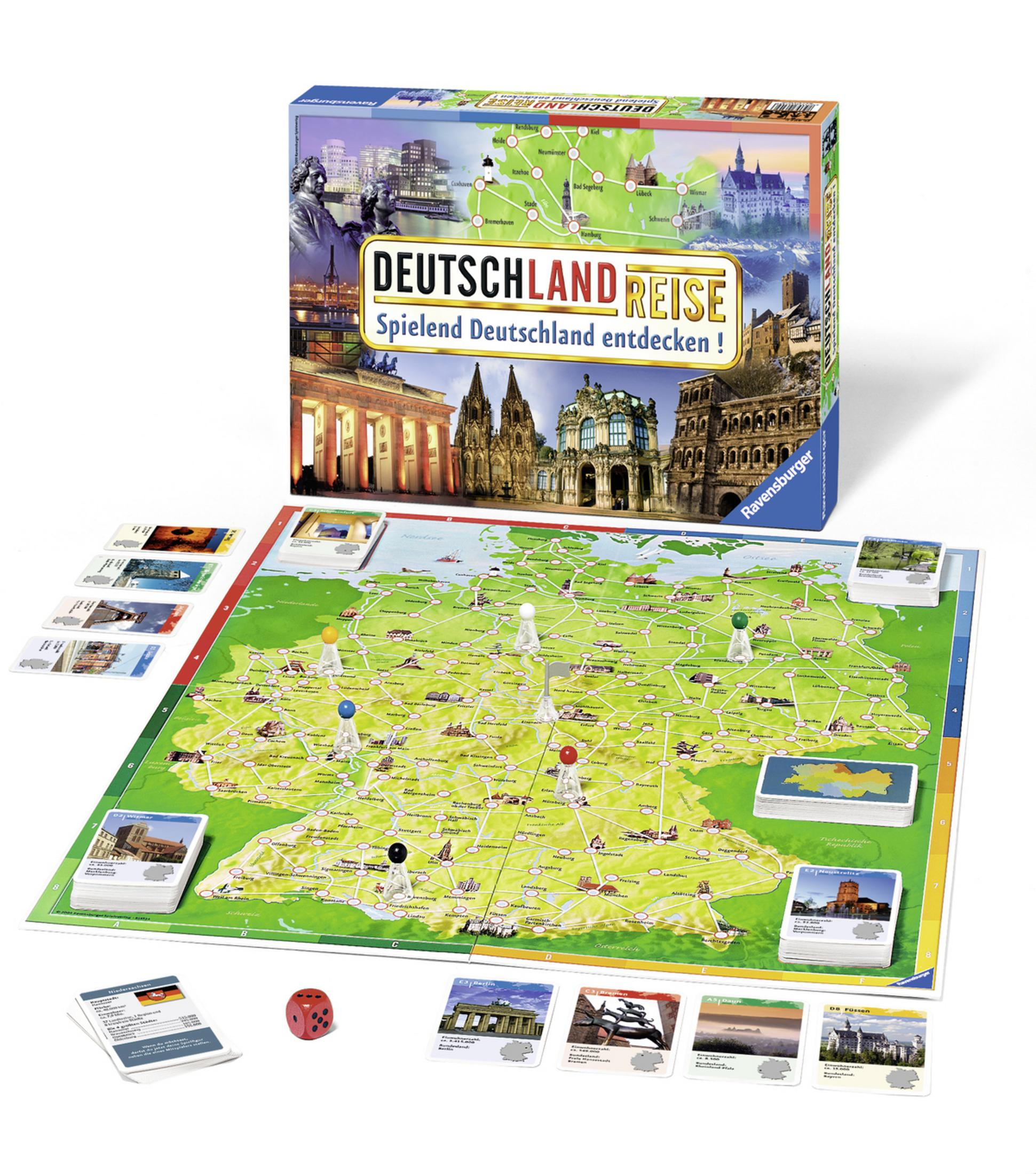 Deutschland Reise Brettspiel, mit Spielsteinen, Karten und einem Würfel.