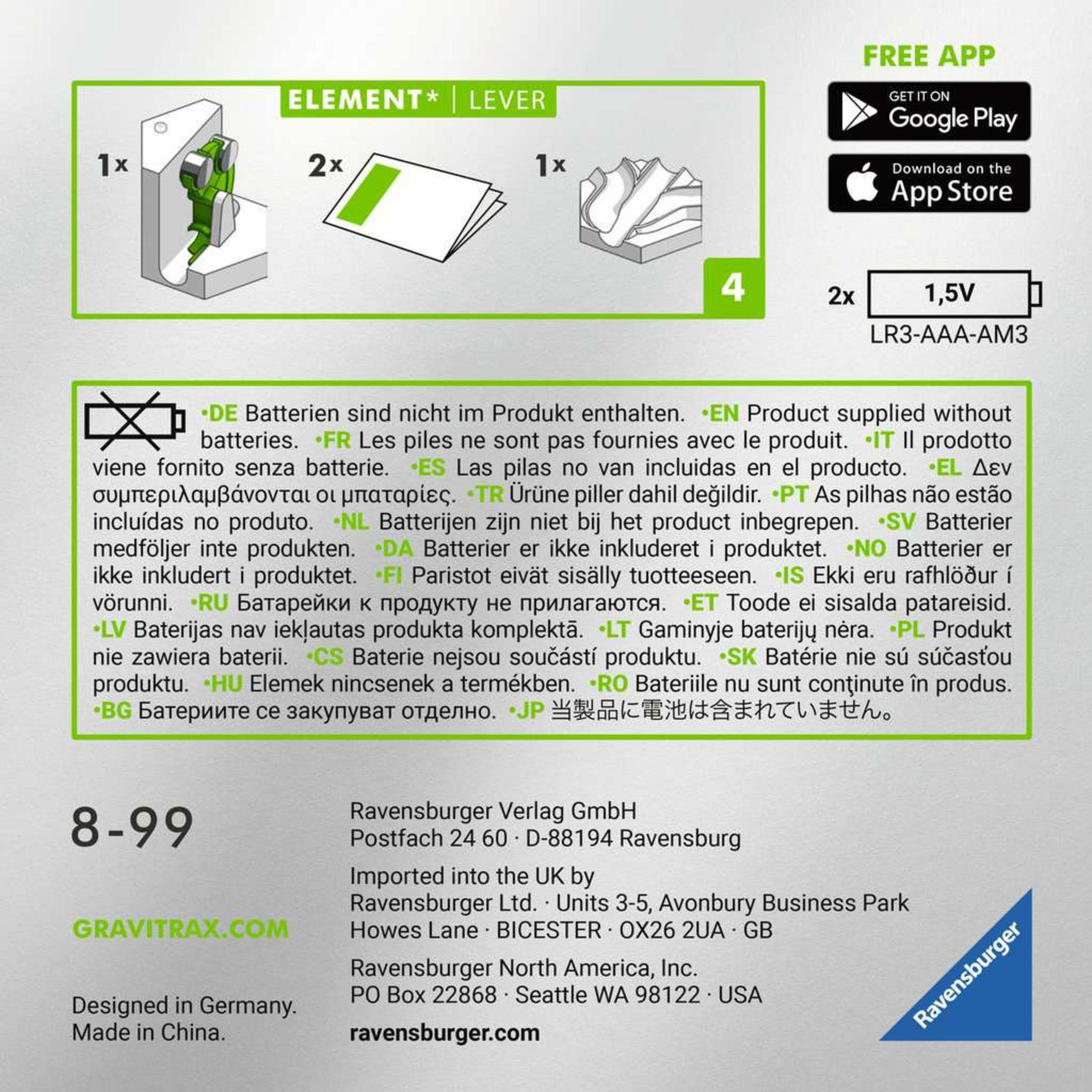 Immagine didattica per un gioco Ravensburger. Mostra componenti, testo multilingue e un logo di app gratuita.