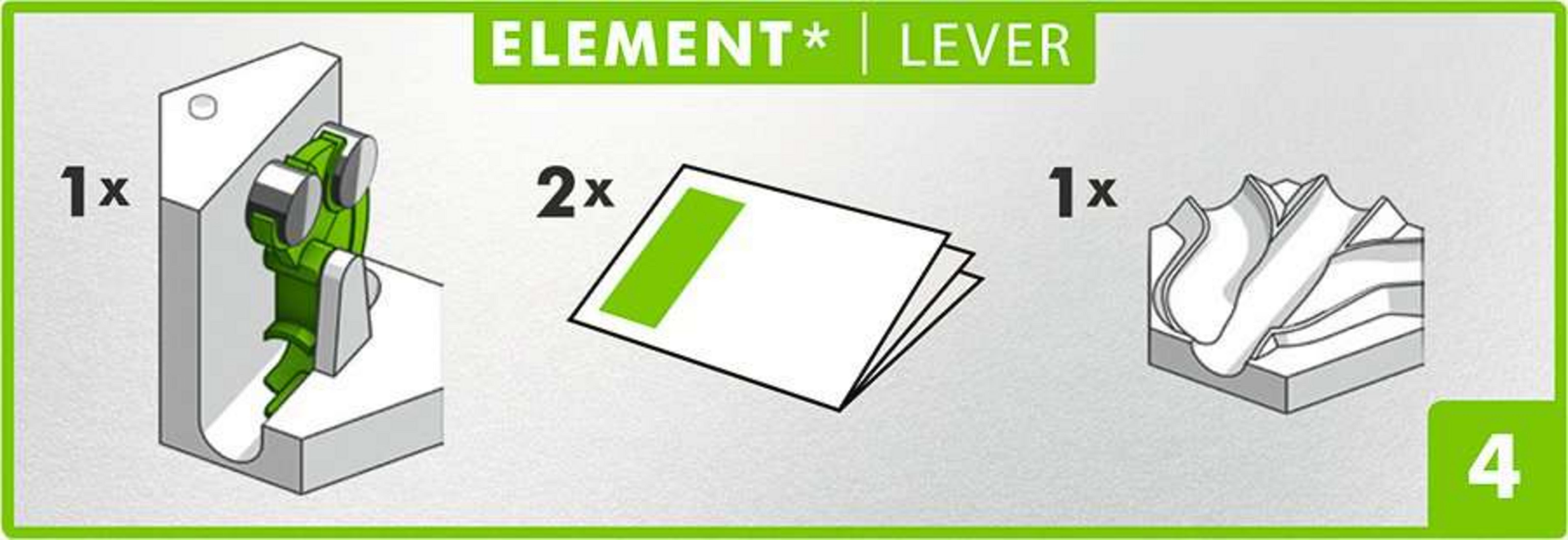 Diagramma dei pezzi del gioco: una leva verde, due rettangoli verdi e un pezzo curvo bianco, con numeri.