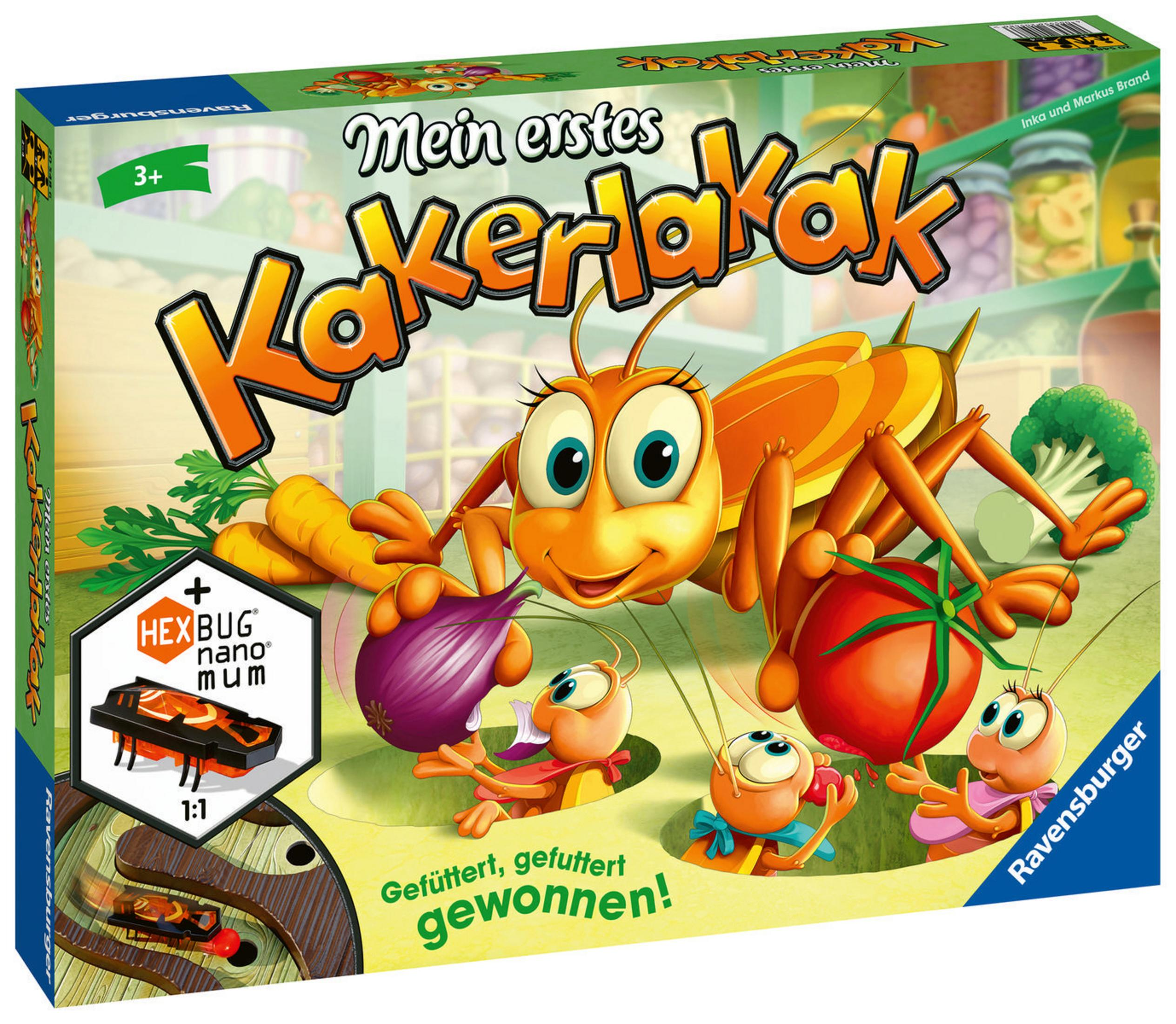 Mein erstes Kakerlakak Spielbox. Cartoon Kakerlake mit Gemüse, drei kleinere Kakerlaken. Weißer Hintergrund.