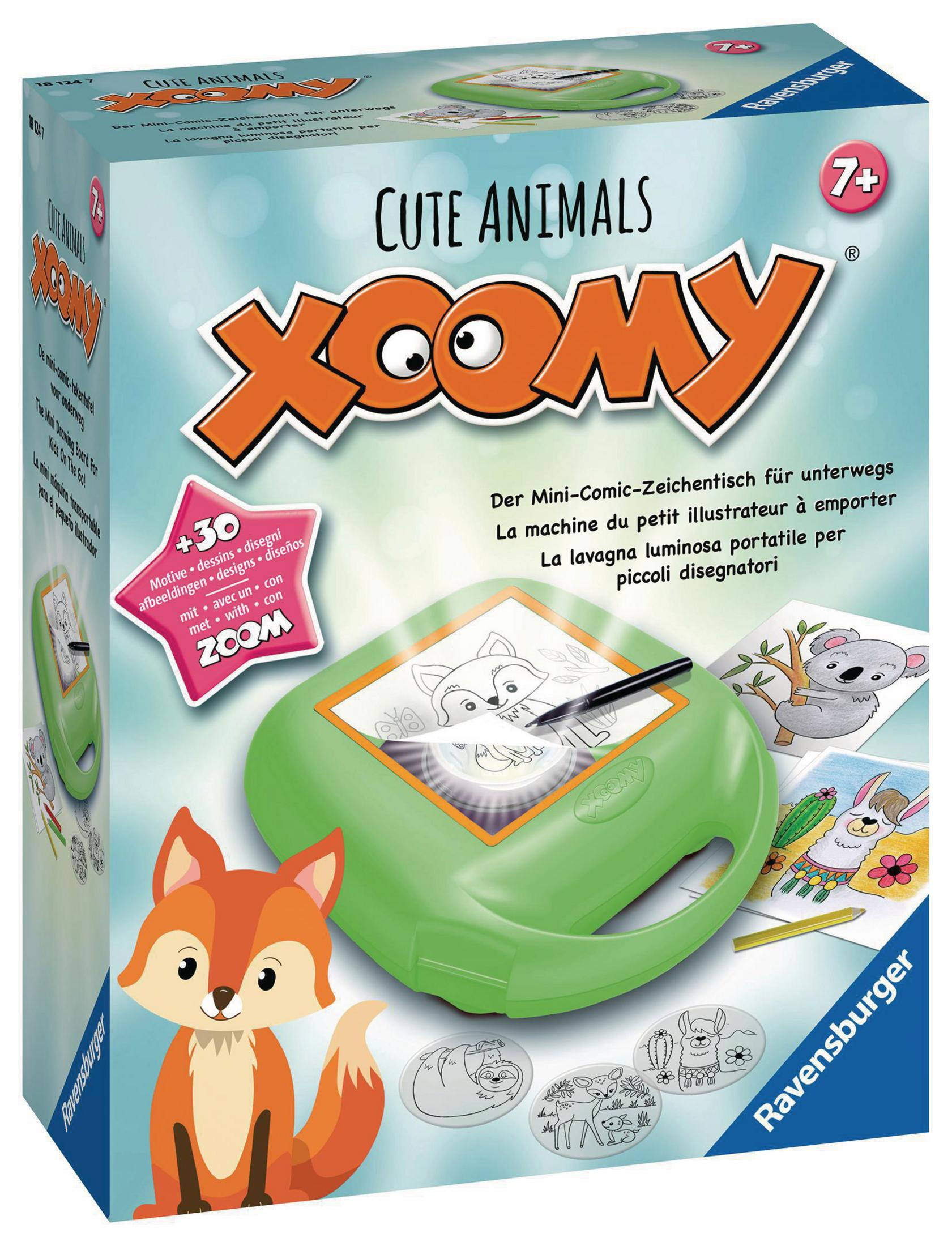 Eine grüne Zeichenplatte mit einer Fuchsdarstellung, Zeichenstiften und Tierzeichnungen. Box zeigt einen Fuchs.