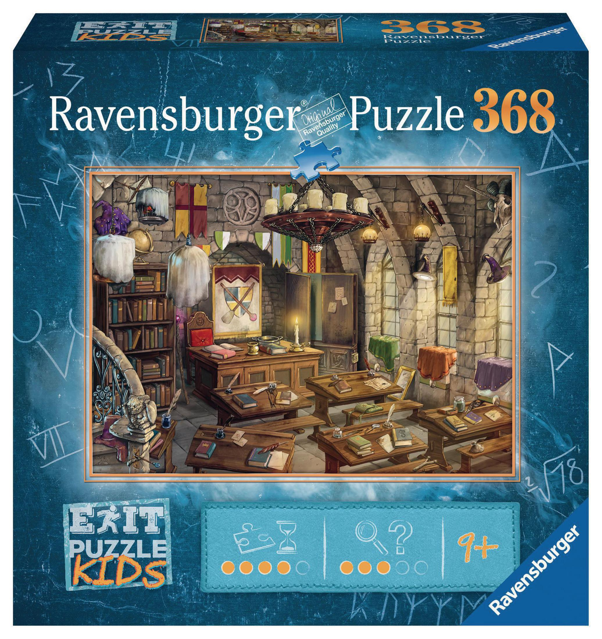 Scatola puzzle Ravensburger con immagine di una stanza con tavoli e lampadario.
