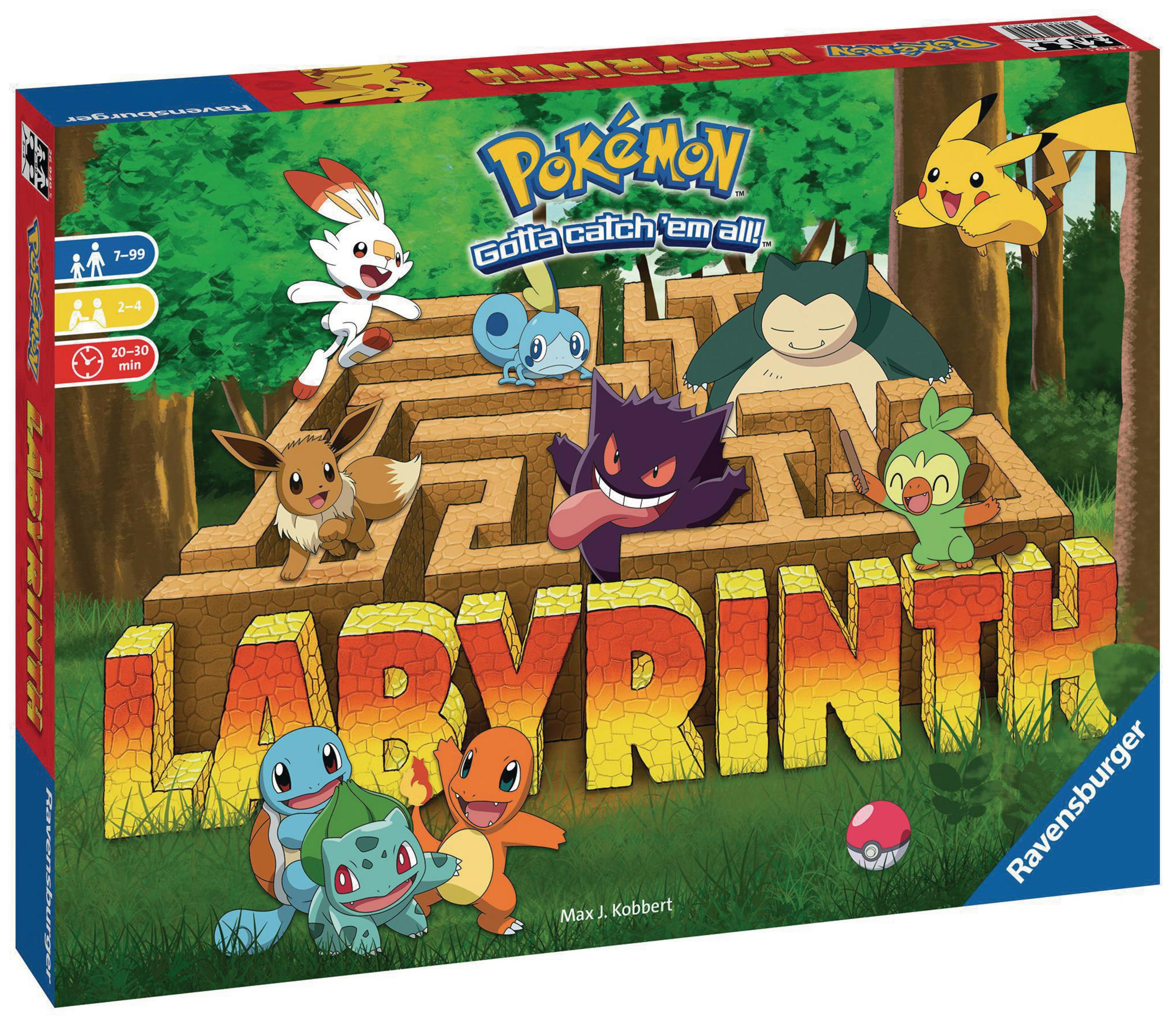 Gra planszowa Pokémon Labyrinth z postaciami Pokémon w labiryncie. Pudełko pokazuje tytuł gry i postacie.