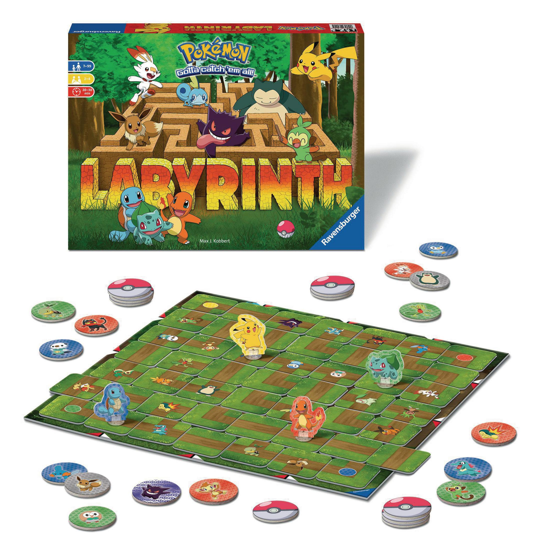 Gra planszowa Pokemon Labyrinth z postaciami Pokemon i planszą do gry.
