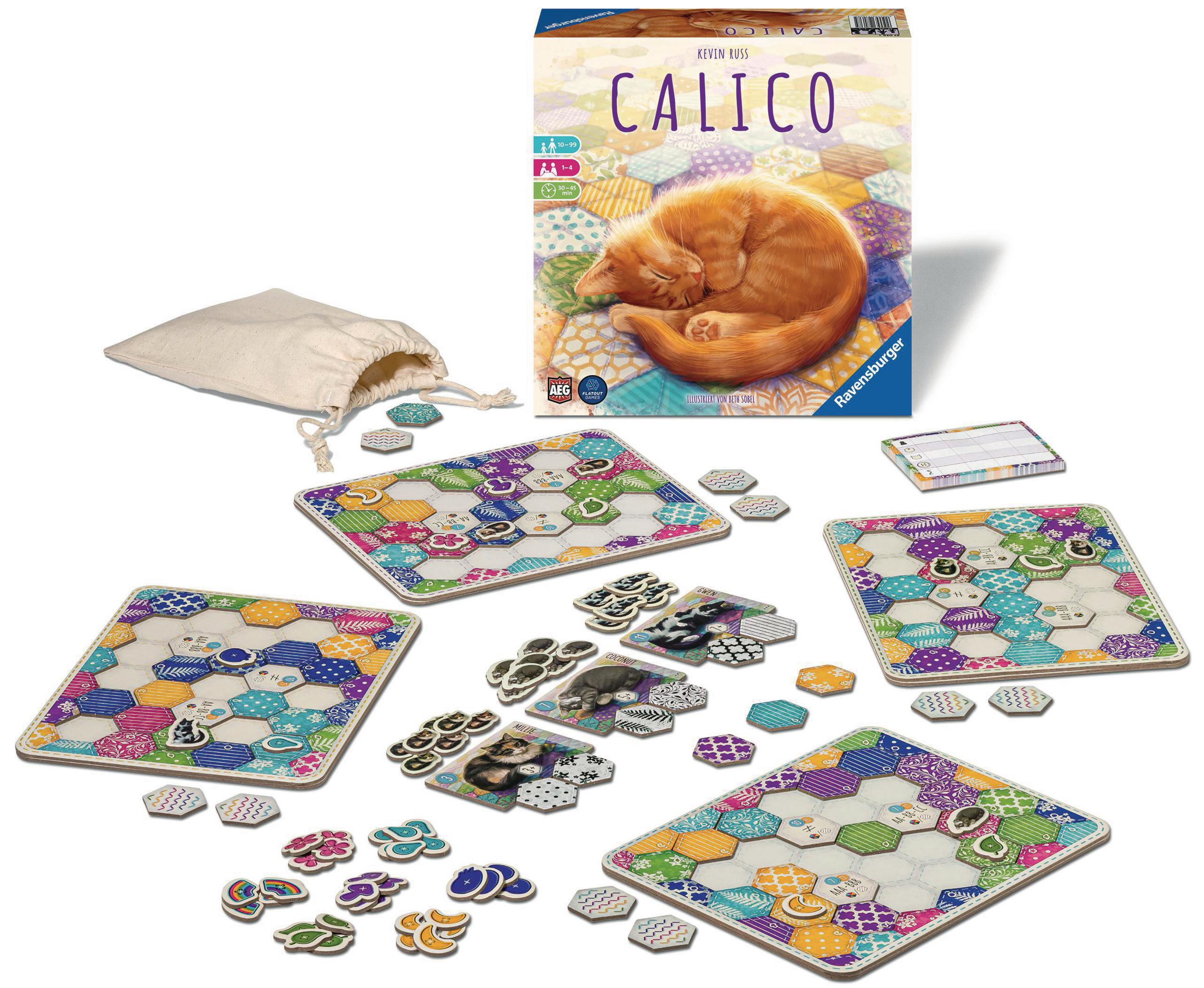 Das Calico-Brettspiel mit bunten sechseckigen Kacheln, Katzenmarkern und einer schlafenden orangefarbenen Katze auf der Schachtel.