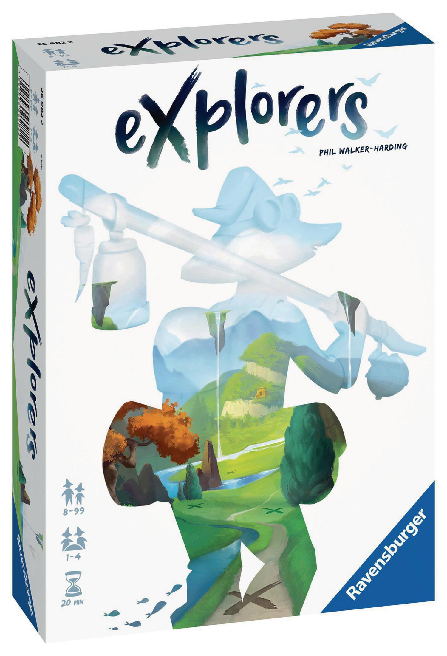 Schachtelkunst für das Brettspiel eXplorers. Es zeigt eine Person mit Hut und den Namen des Spiels.