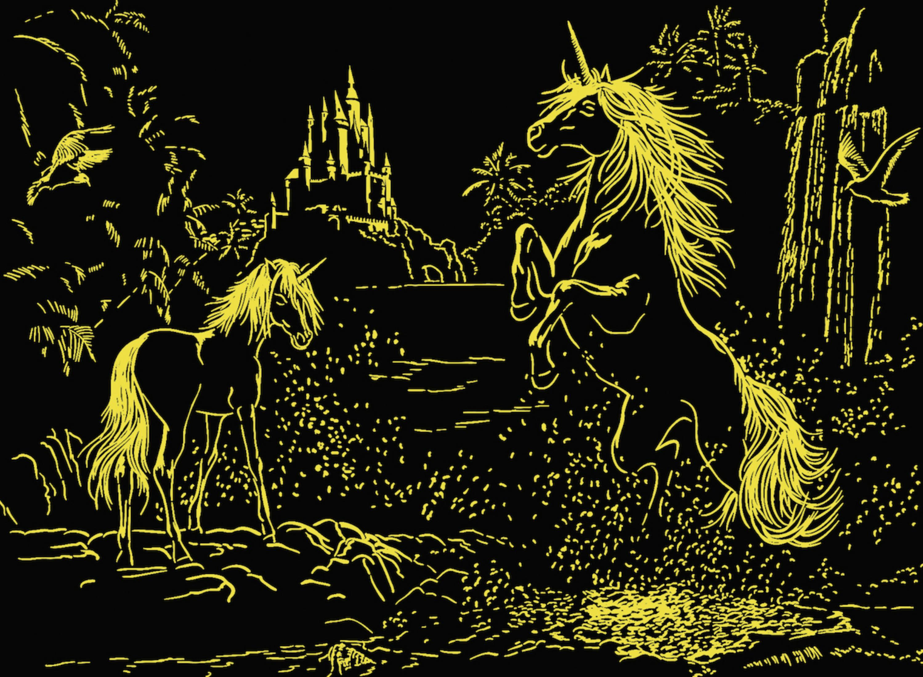 Opera d'arte di due unicorni, un castello e alberi, il tutto in linee gialle.