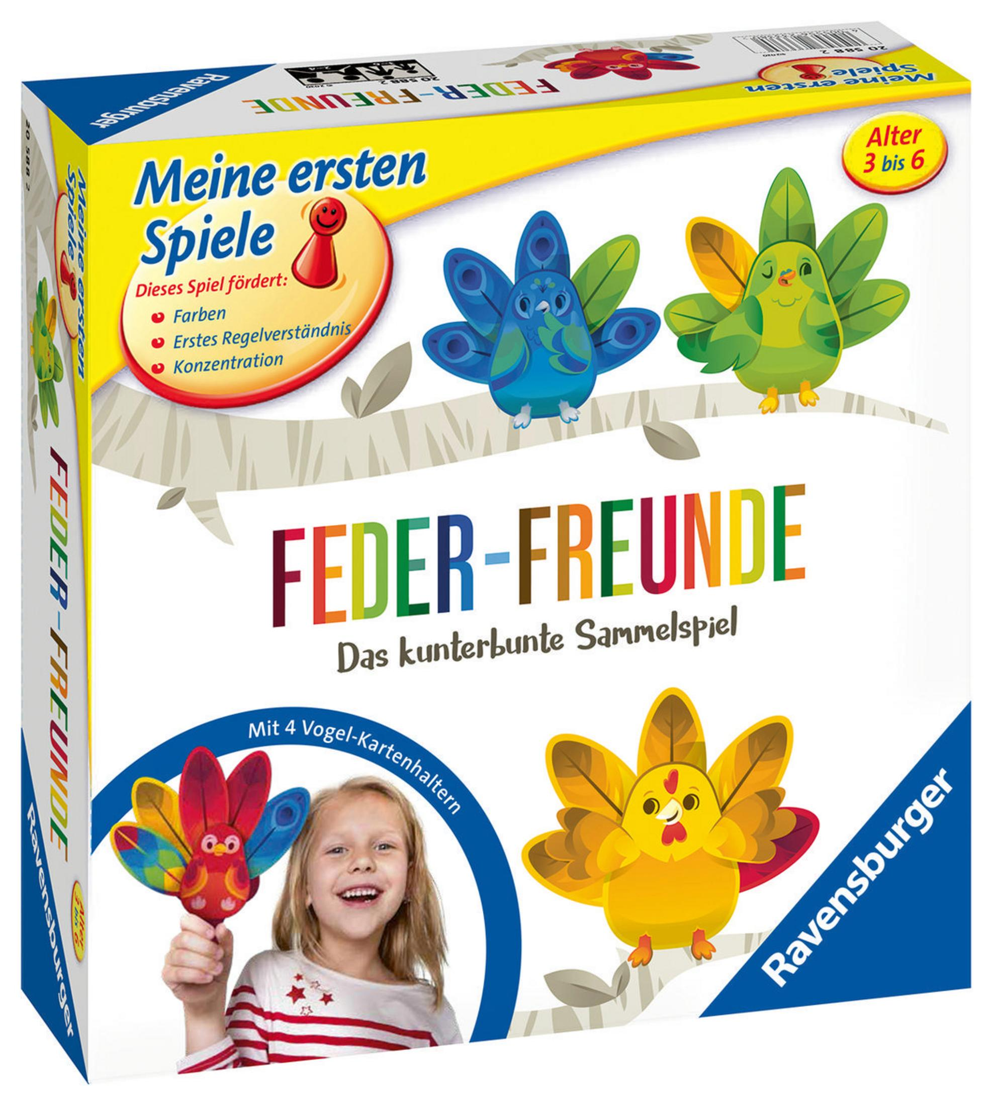 Schachtel zeigt Spiel mit bunten Vögeln. Ein Mädchen hält eine Vogelkarte.