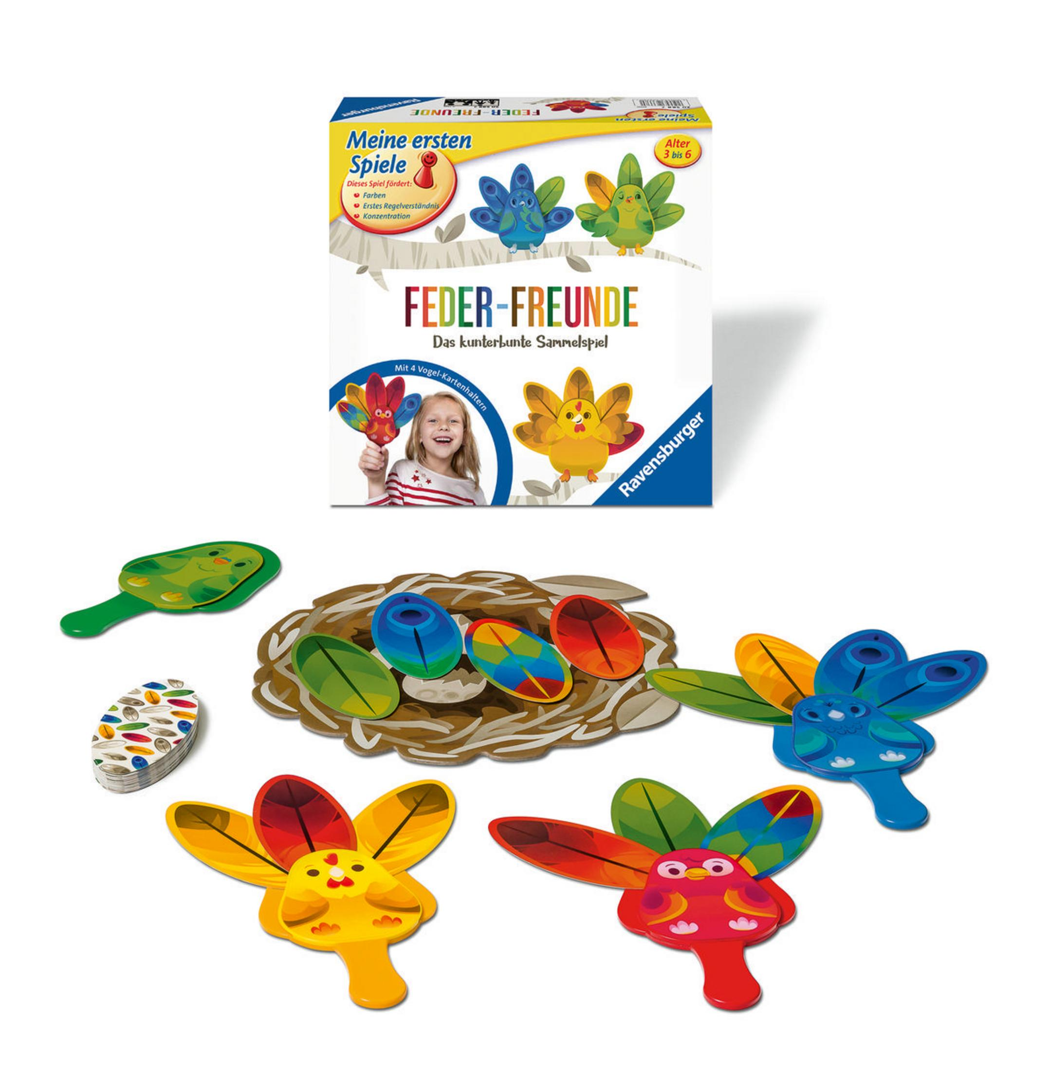 Eine Kinderspielbox mit Vogelfiguren und Spielsteinen.