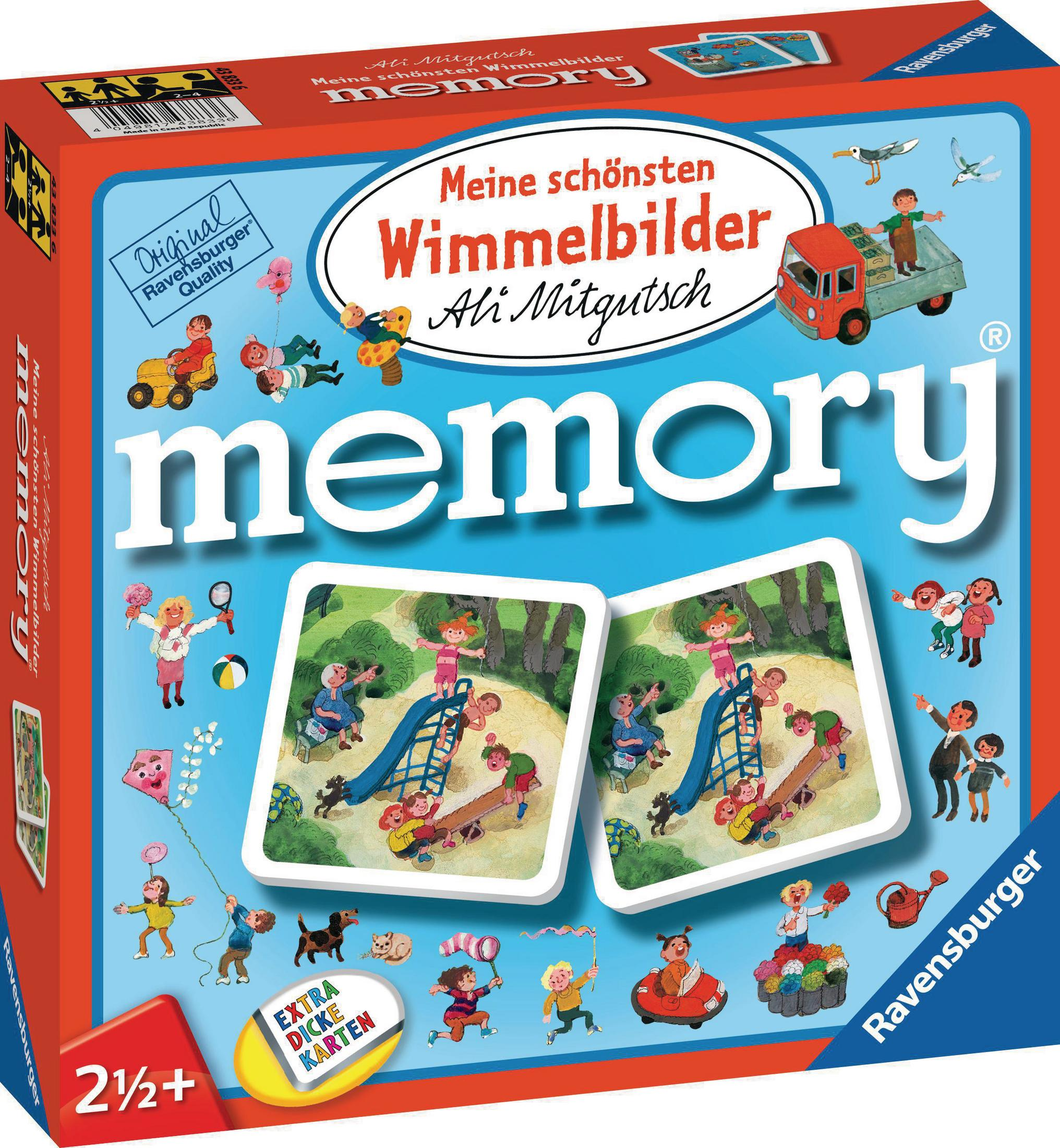 Memory-Spielbox. Zwei Karten zeigen eine Spielplatzszene. Buntes Design mit Kindern.