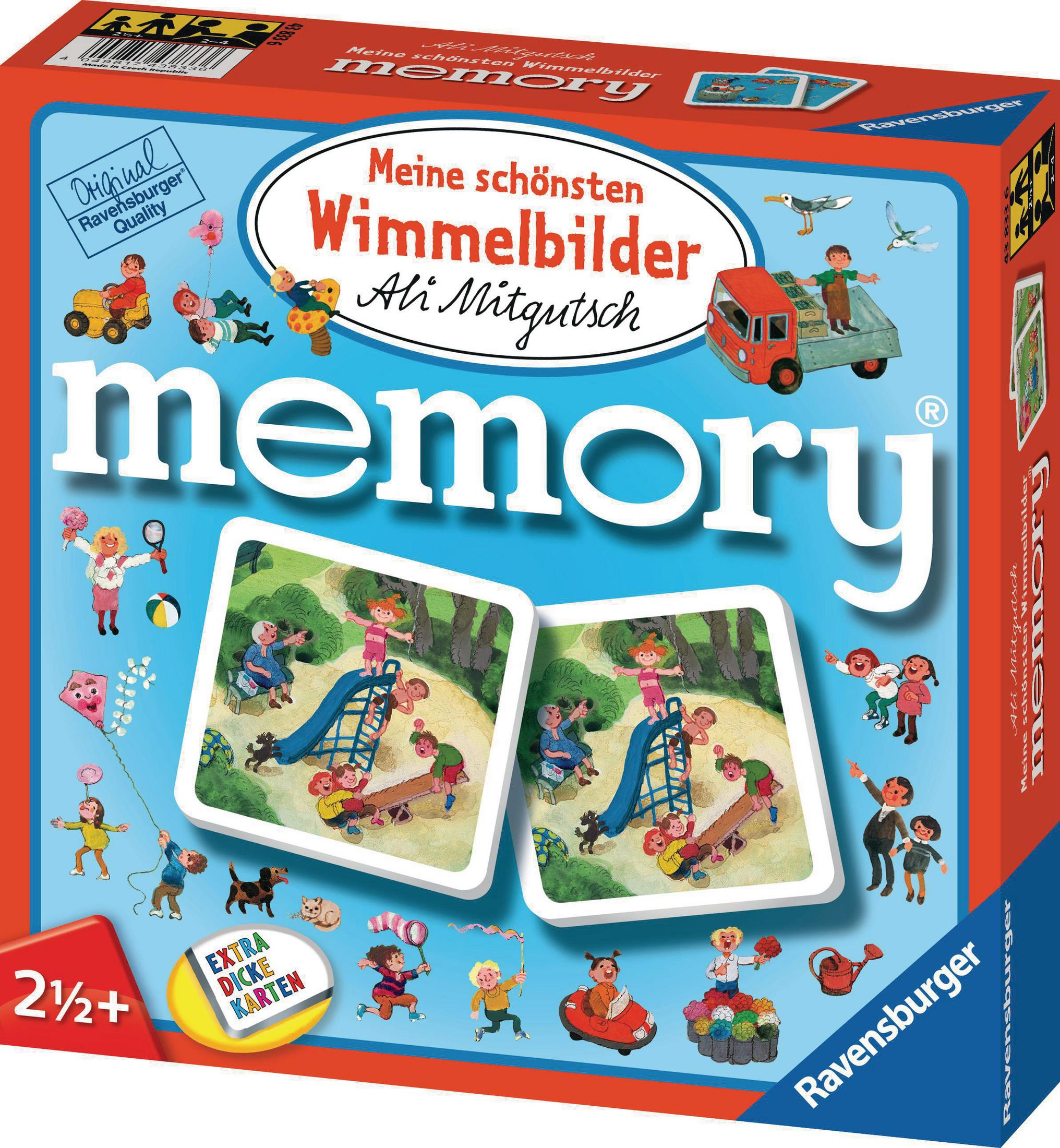 Schachtel eines Memory-Spiels mit zwei Spielkarten, die Kinder auf einem Spielplatz zeigen.