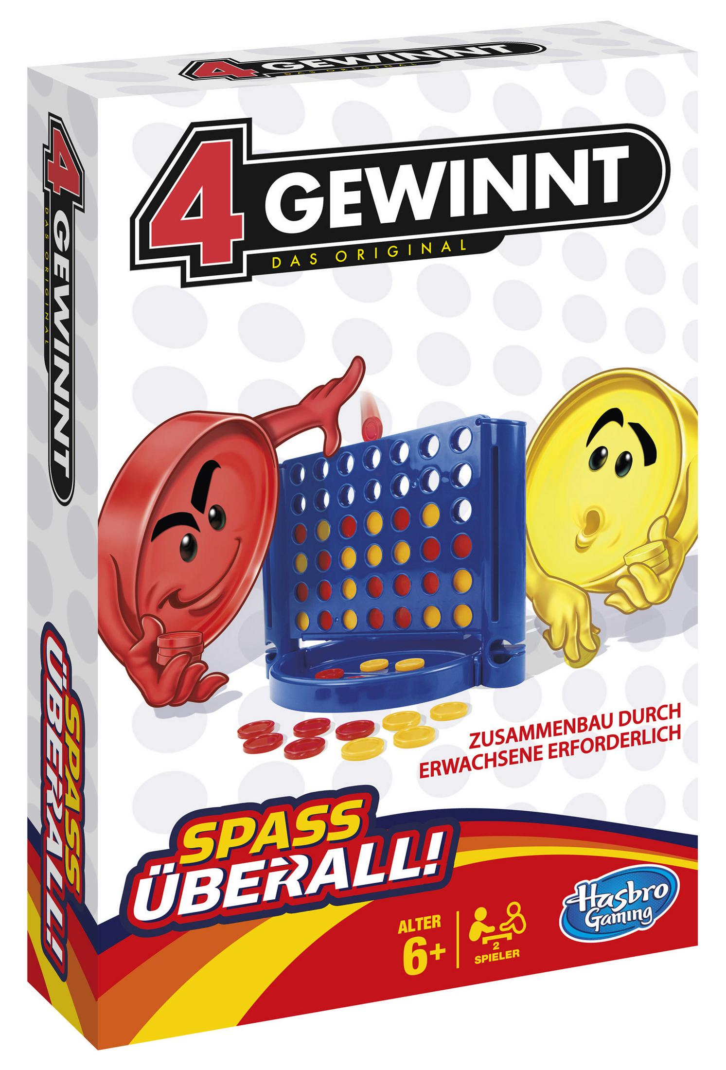 Spielbox für 4 Gewinnt, ein Spiel mit roten und gelben Figuren. Die Box zeigt das Spiel und die Teile.