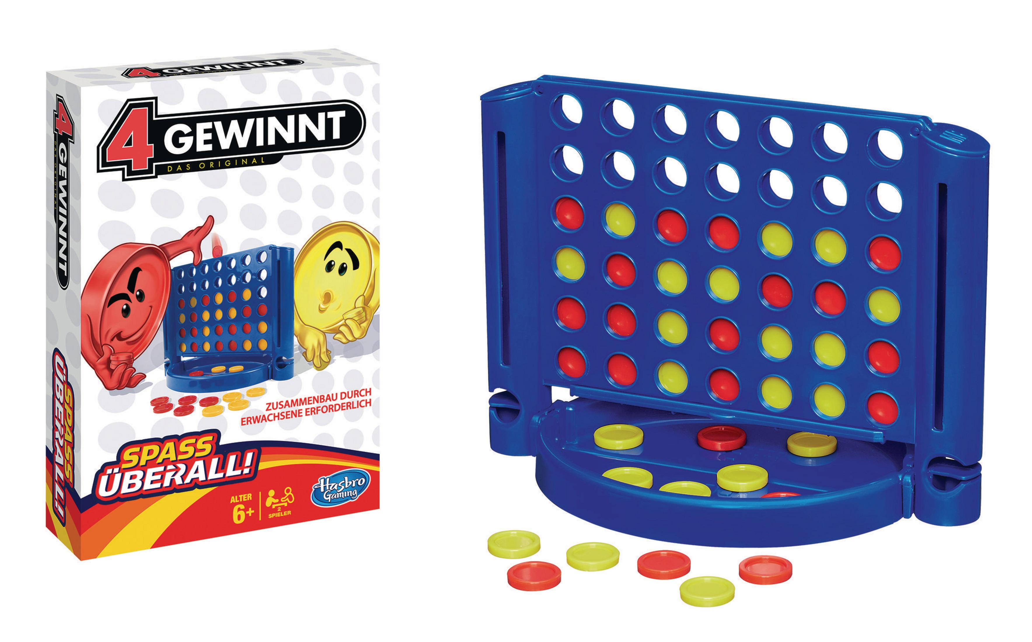 Eine Connect 4-Spielbox und ein Spielbrett. Die Box zeigt Zeichentrickfiguren, und das Brett hat rote und gelbe Checker.