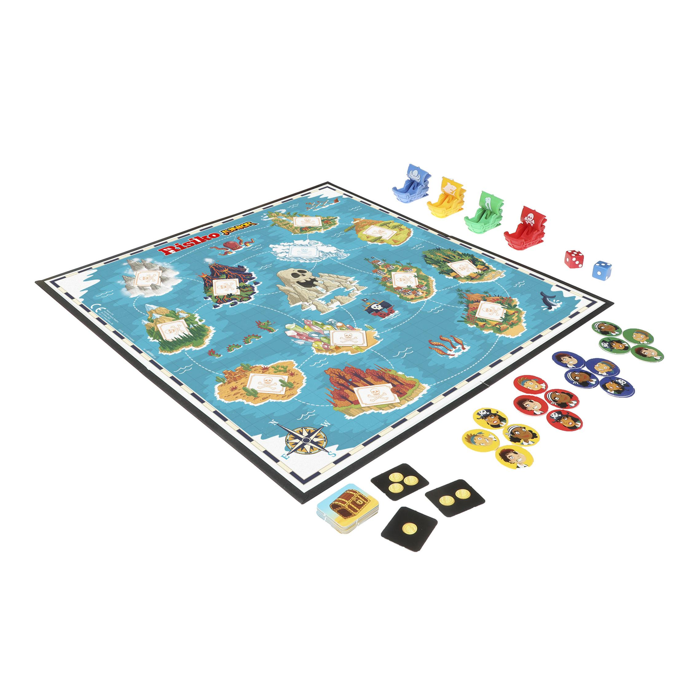 Brettspiel mit Inseln. Teile sind Boote, Würfel und Karten.