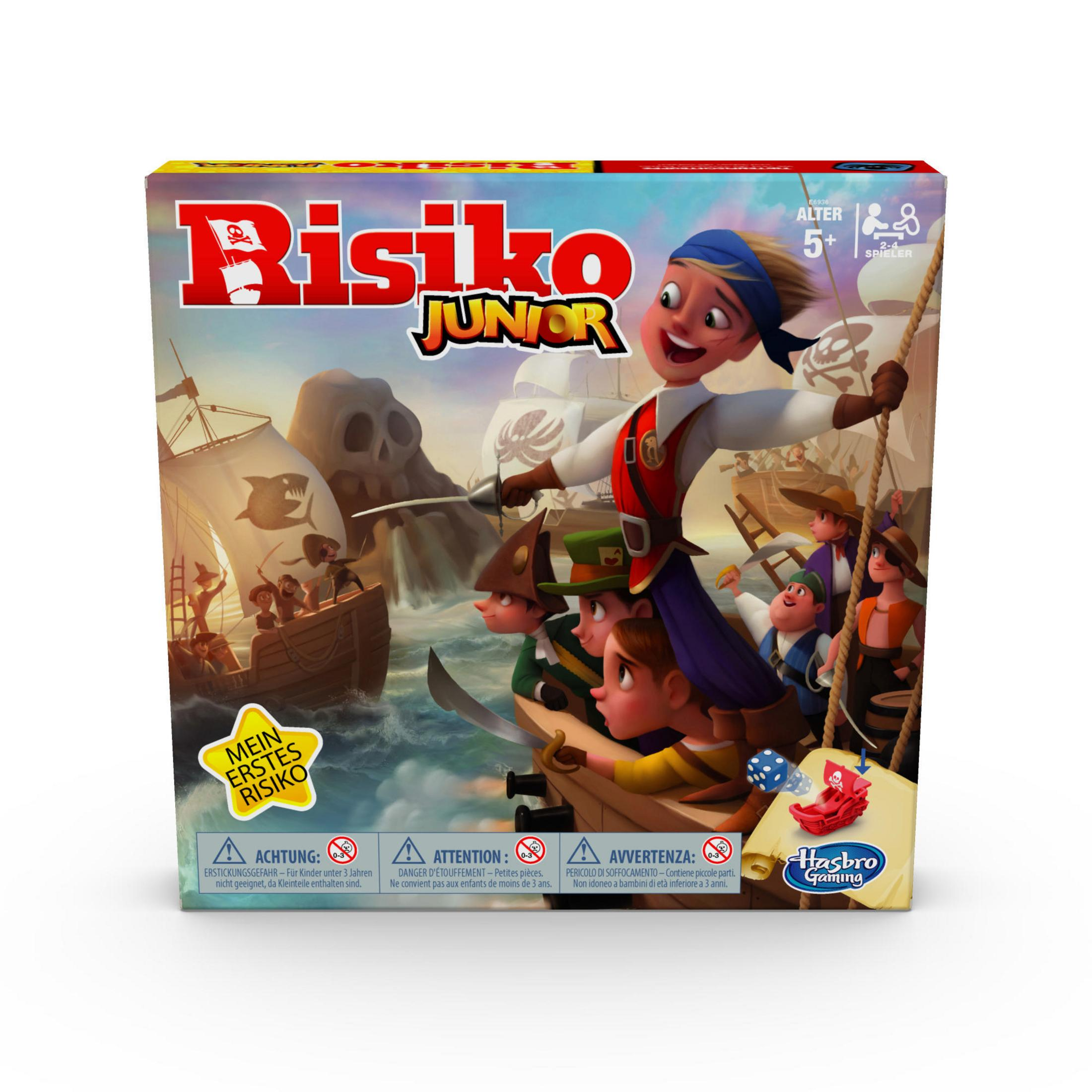 Spielbox mit Piraten auf einem Schiff. Die Box ist mit 'Risiko Junior' beschriftet.