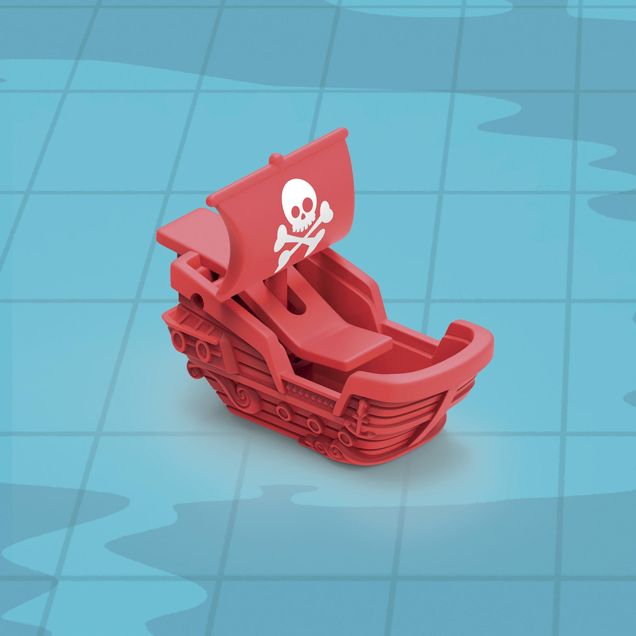 Ein rotes Spielzeug-Piratenschiff mit Totenkopfflagge auf blauem Wasser.