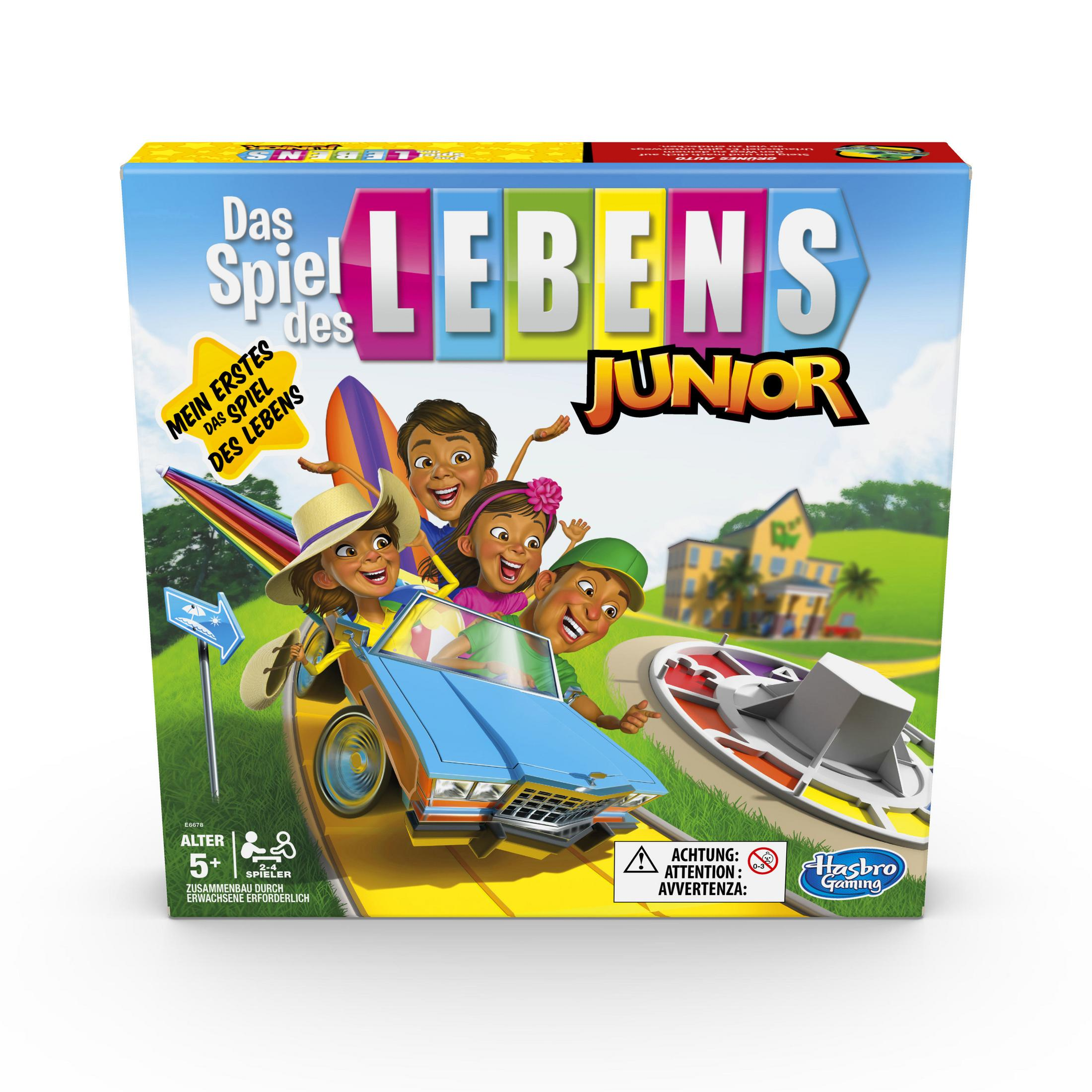 Spielbox für Das Spiel des Lebens Junior mit Zeichentrickfiguren in einem Auto.