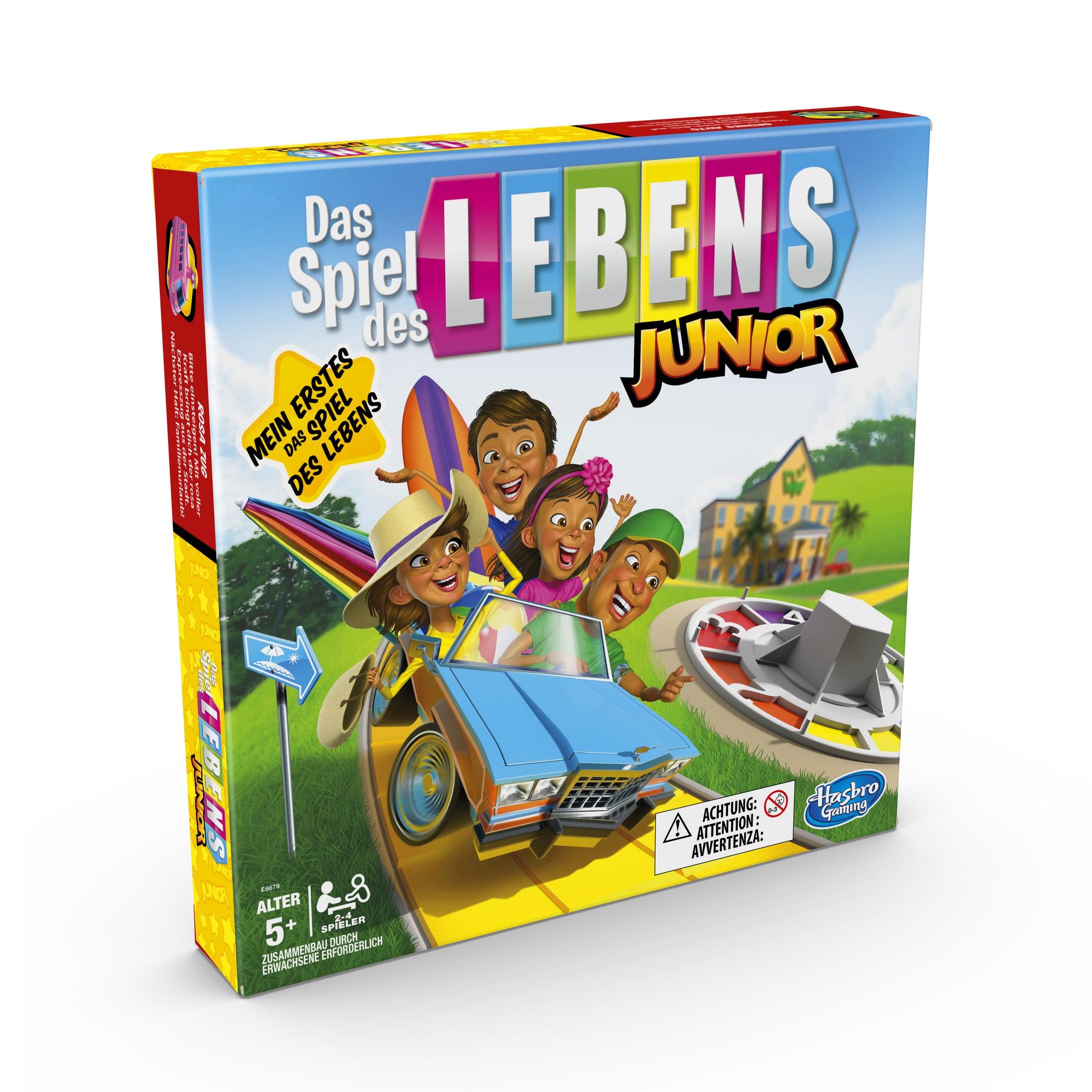 Spielschachtel zeigt blaues Auto mit Kindern, Drehscheibe und Hausillustration.