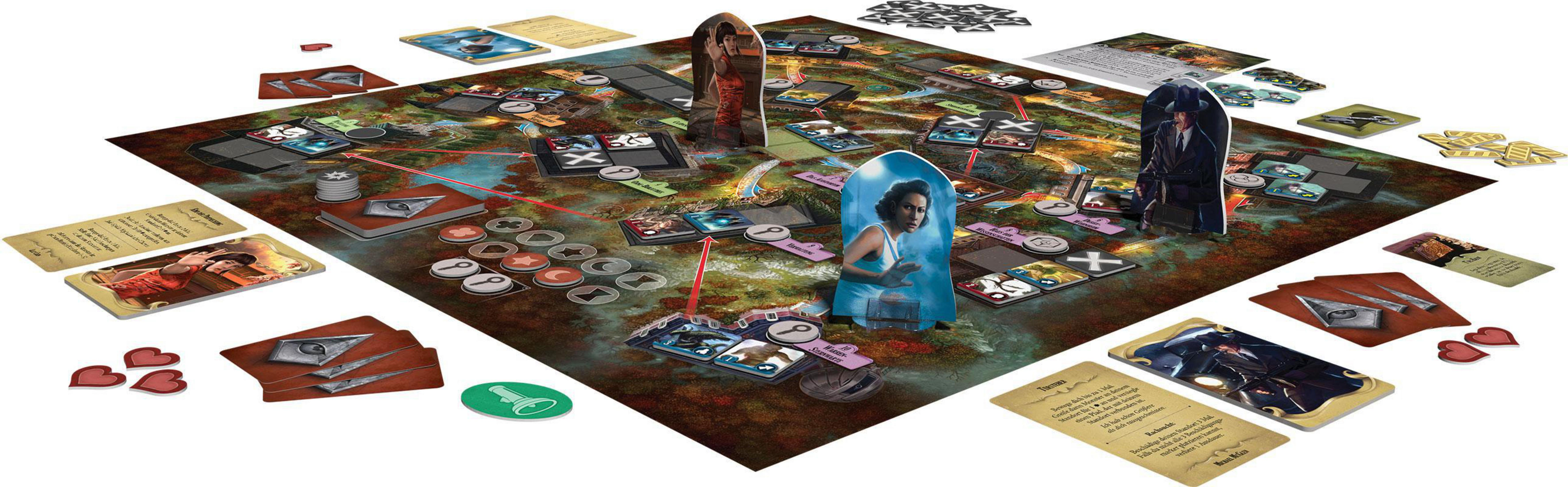 Brettspiel mit Karten, Figuren und einer Karte. Verschiedene Spielsteine sind verstreut.