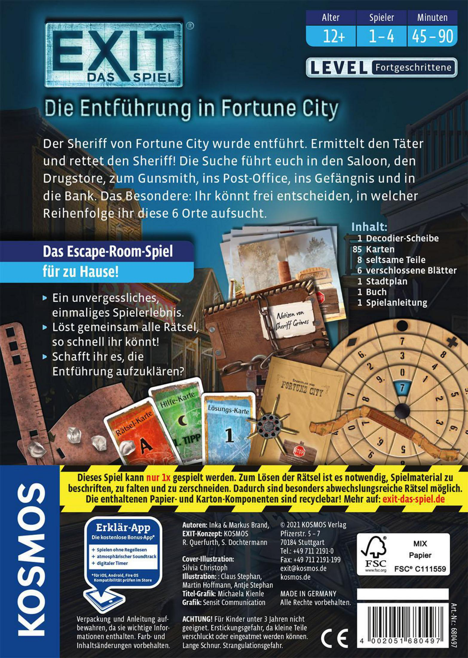 Scatola di un gioco di escape room. Testo in tedesco. Sono visibili vari pezzi del gioco.