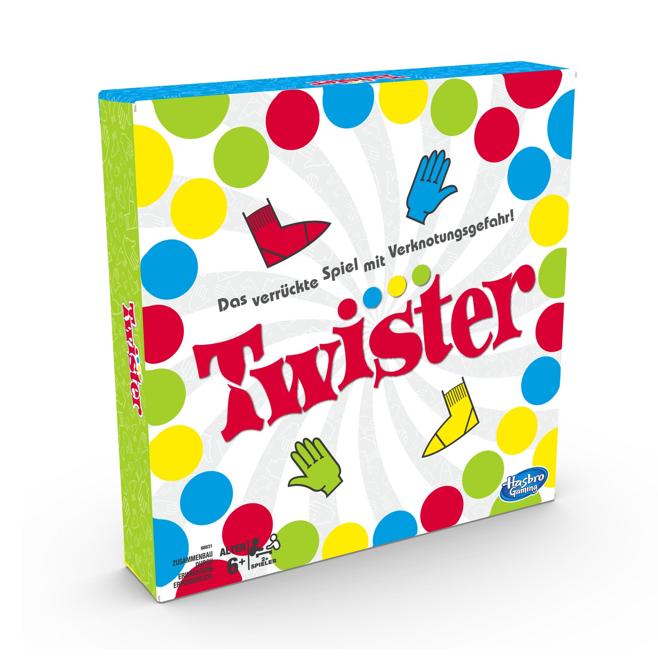 Scatola del gioco da tavolo Twister, sfondo verde e blu, con cerchi colorati e illustrazioni di mani/piedi.