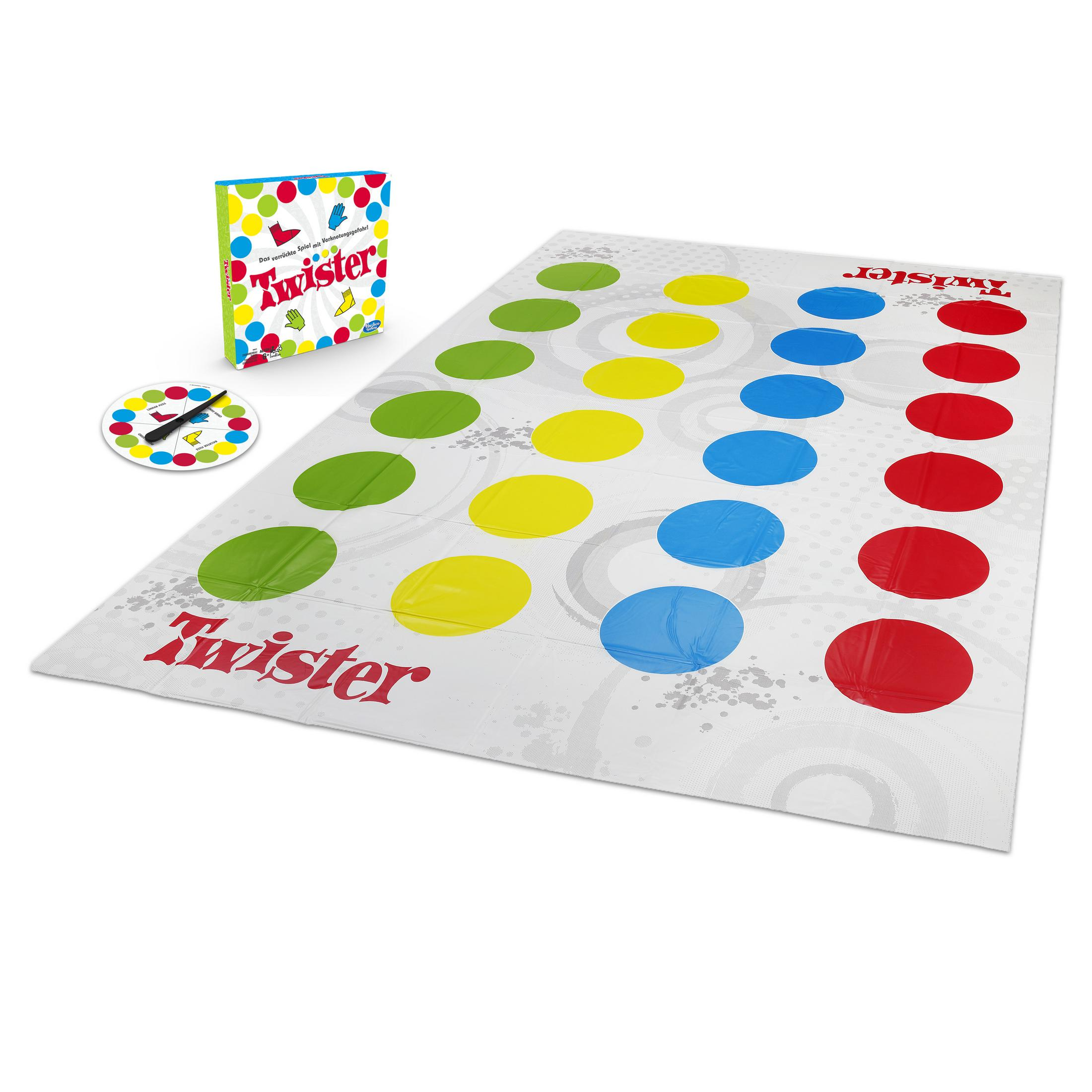 Set gioco Twister: tappeto con cerchi colorati, spinner e scatola.
