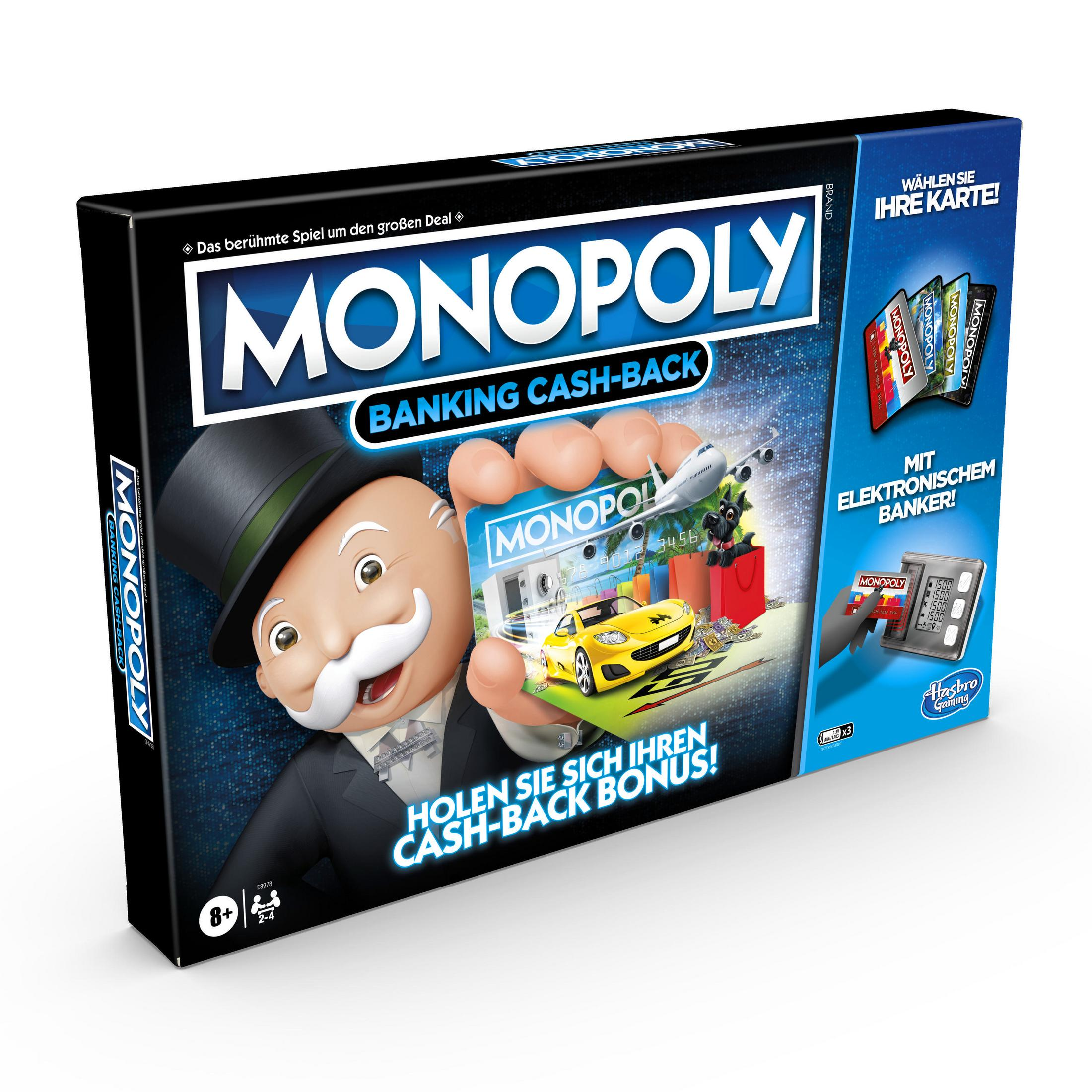 Monopoly Banking Cash-Back Spielbox. Mann mit Karte, Stadt, Geld, Flugzeug, Hasbro.