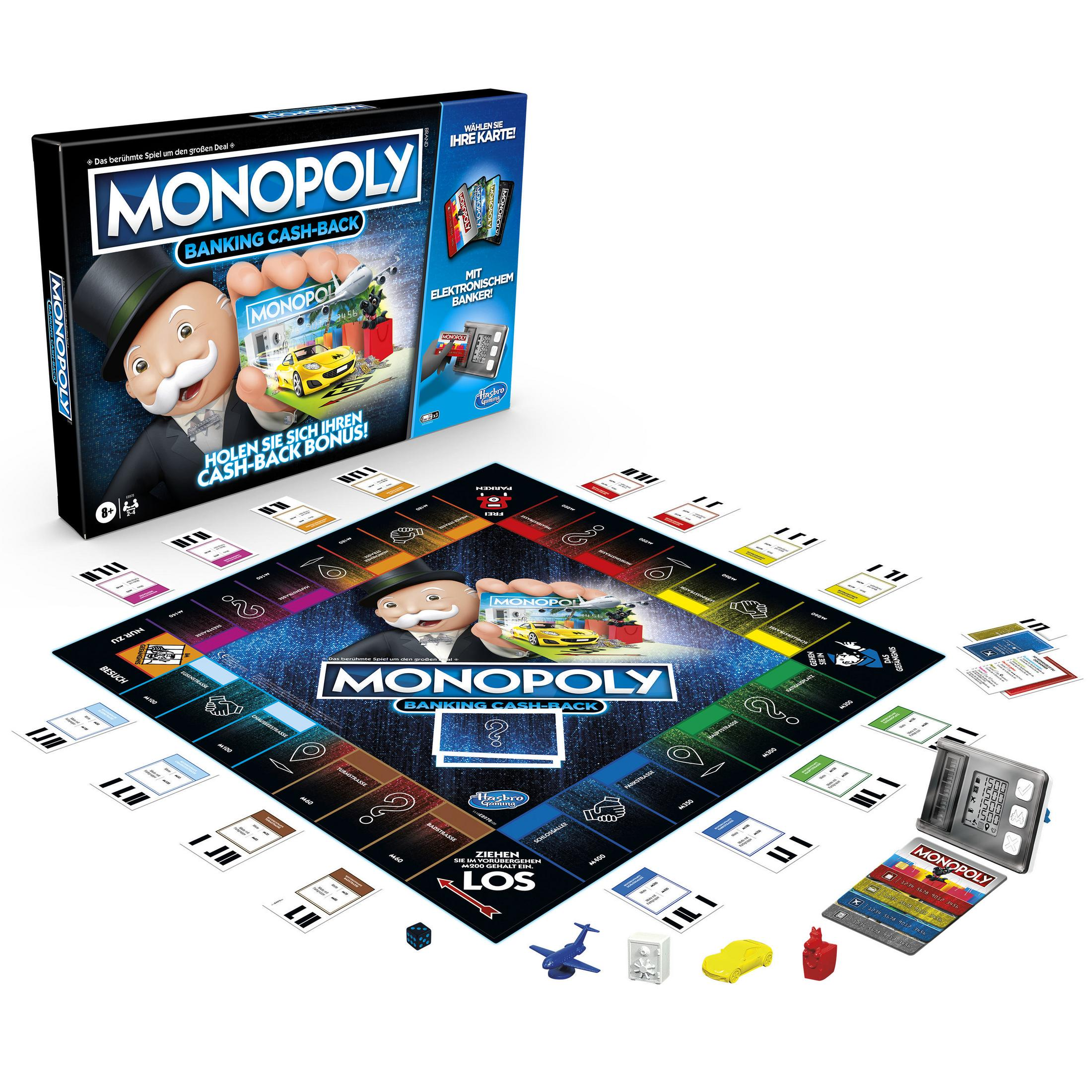 Monopoly Banking Cash-Back Brettspiel-Box. Die Box zeigt das Spiel und die Charaktere.