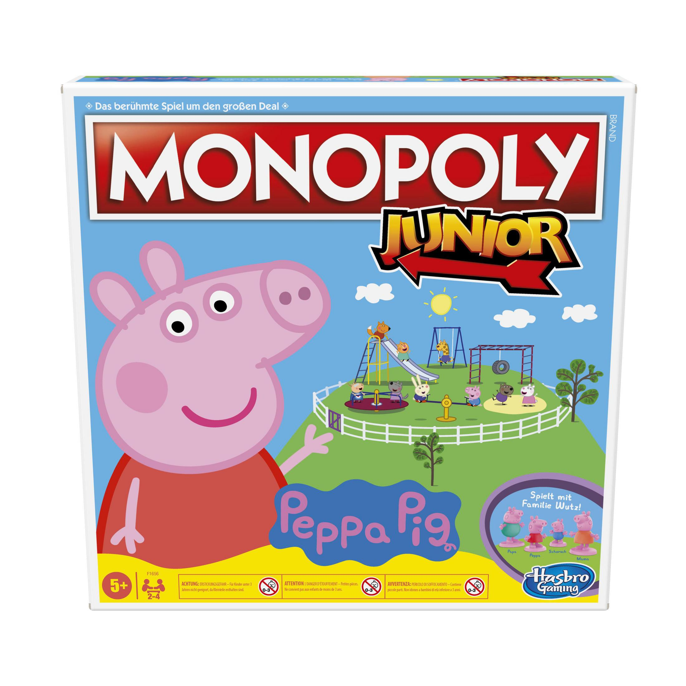 Pudełko gry planszowej Monopoly Junior z Peppą Pig i sceną placu zabaw.